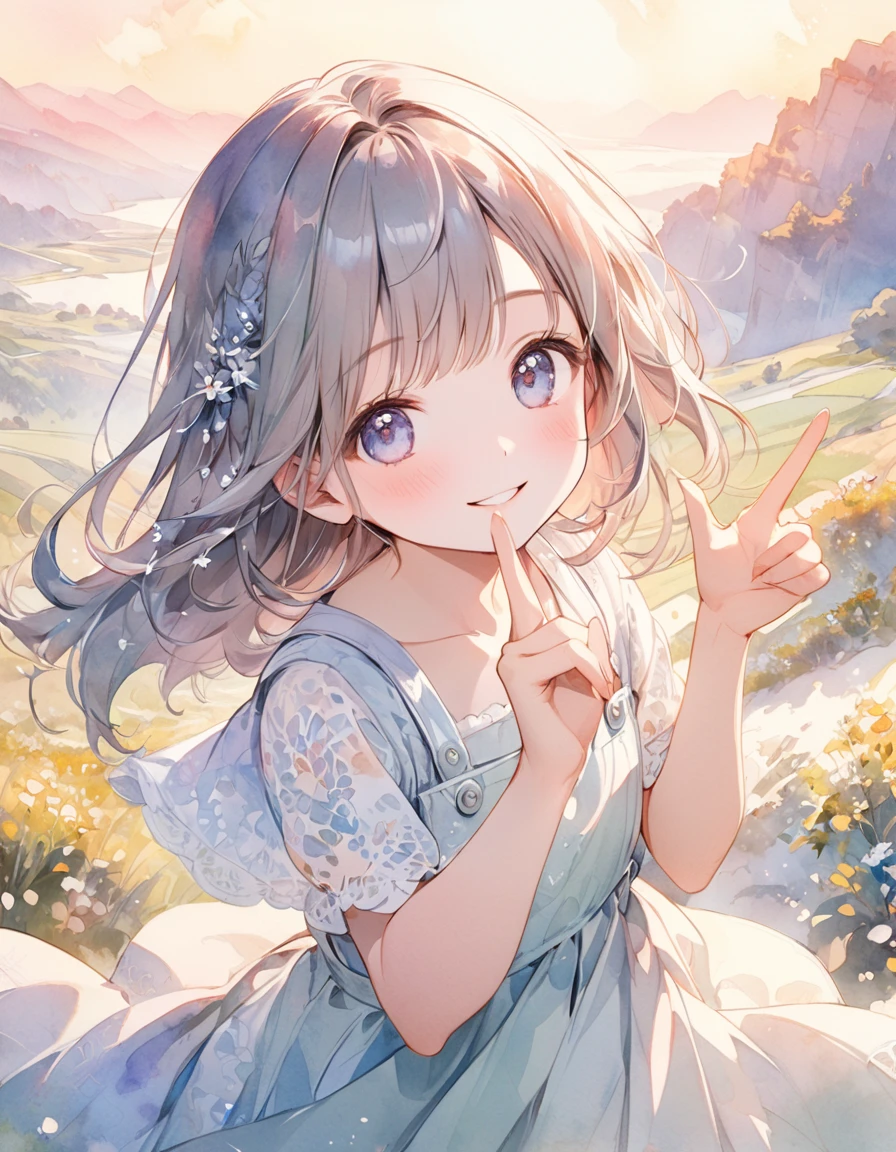 artwork of a young girl with a beautifully radiant smile, posing with her left hand up towards the sky as if reaching for her dreams. Her face should convey a sense of wonder and optimism, with delicate features and intricate details. The background should be a soft, (((dreamy watercolor-style landscape))), (((reminiscent of a famous watercolor artist's masterpiece))). The overall aesthetic should be ultra-detailed, with textured fabrics, subtle shading, and intricate patterns, (((correct fingers anatomy)))