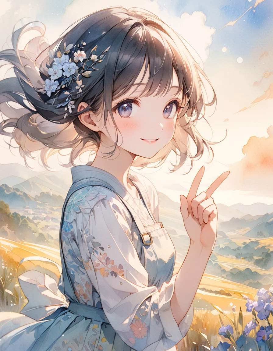 artwork of a young girl with a beautifully radiant smile, posing with her left hand up towards the sky as if reaching for her dreams. Her face should convey a sense of wonder and optimism, with delicate features and intricate details. The background should be a soft, (((dreamy watercolor-style landscape))), (((reminiscent of a famous watercolor artist's masterpiece))). The overall aesthetic should be ultra-detailed, with textured fabrics, subtle shading, and intricate patterns, (((correct fingers anatomy)))