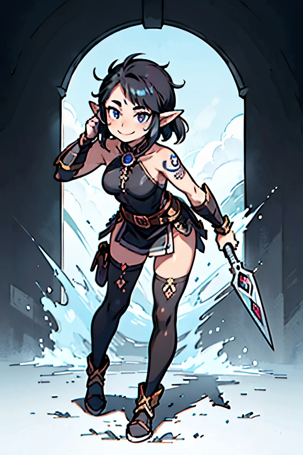 ultra detailed, anime girl, full-body portrait, leather armor, half-elf, raven black fauxhawk hairstyle with shaved sides, heavily freckled face, nose ring, dark red eyeshadow, single slashing scar across left cheek, opal colored eyes, coy smile, faded black and white neck tattoo of a beholder from dungeons & dragons