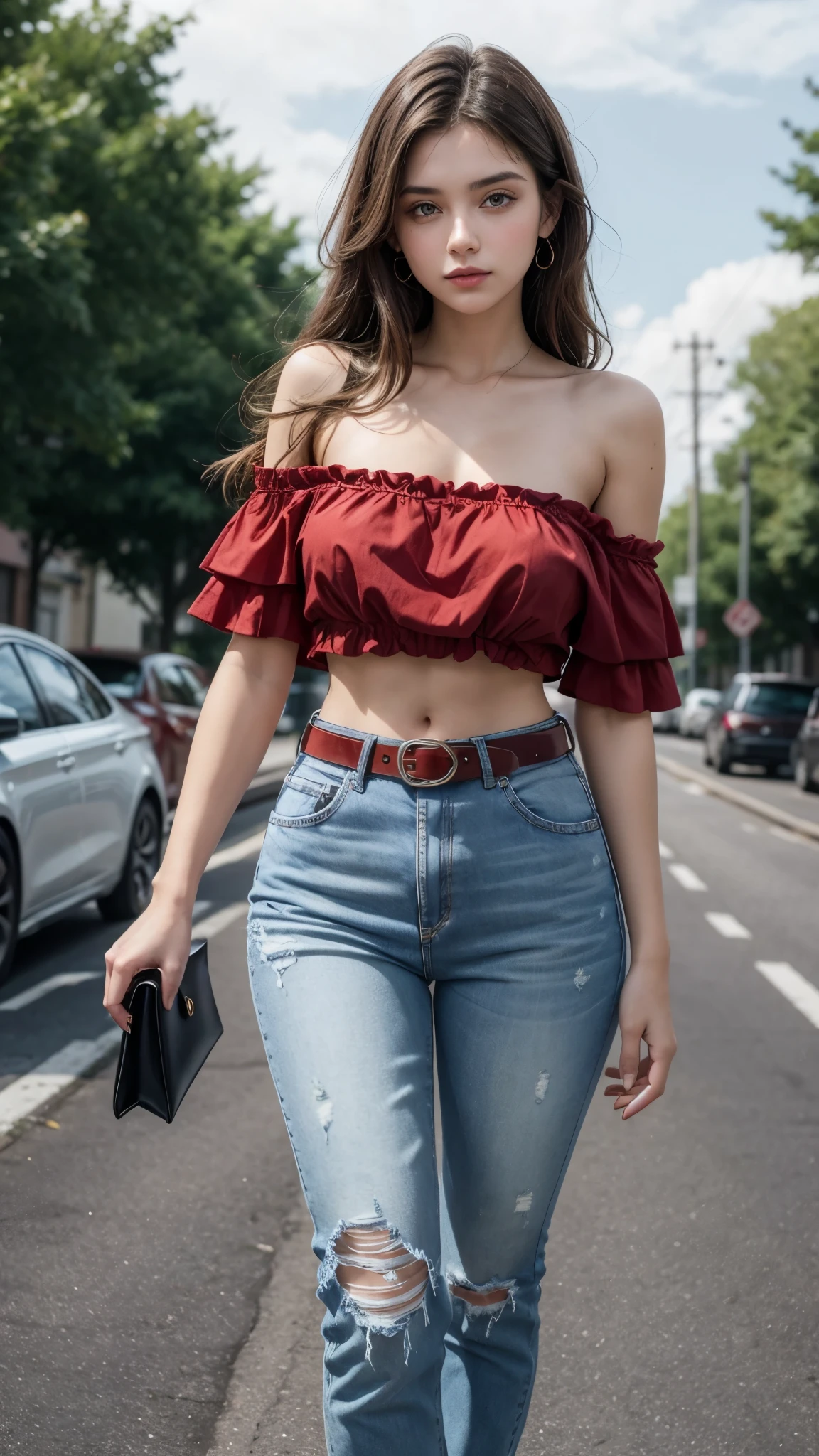 Beautiful 20-year-old brunette girl wearing a short red one-shoulder blouse and high-waisted jeans with a belt showing her navel