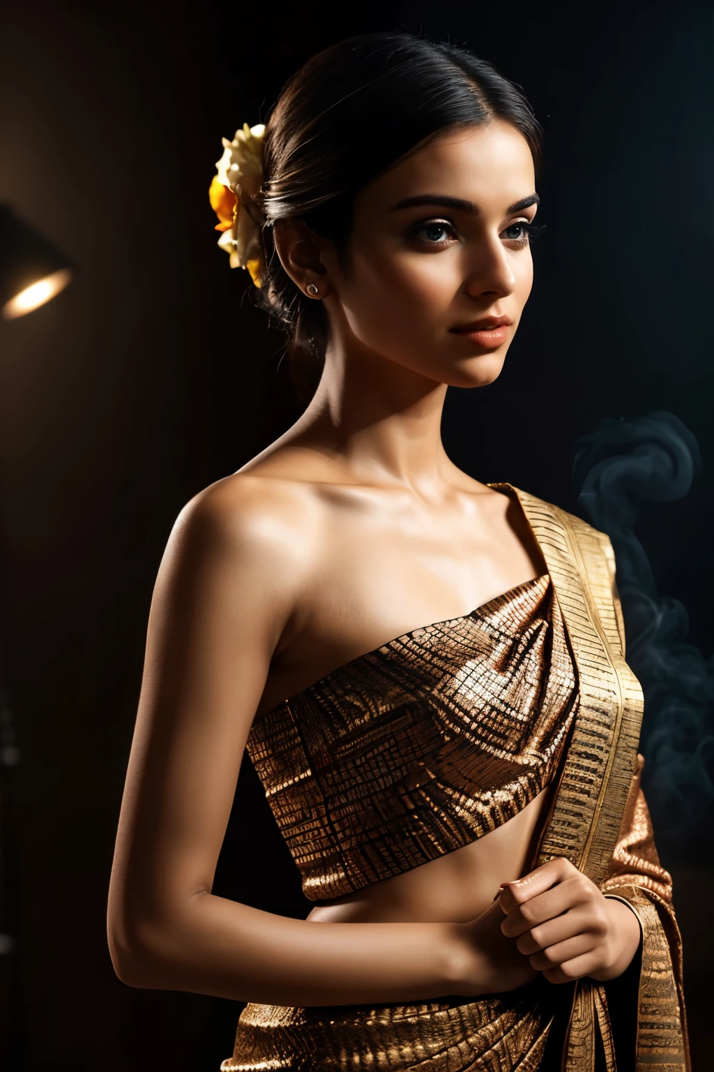 In this photograph, an Indian Instagram female model in her mid-20s takes hugging her self. (highly detailed face:1.4) (smile:0.7) (background 5-star hotel, moody, private study:1.0V, by Lee Jeffries, Nikon D850, film stock photograph, 4 Kodak Portra 400, camera f1.6 lens, rich colors, hyper-realistic, lifelike texture, dramatic lighting, Cinestill 800, realistic). She is wearing a traditional cherry blossom saree that exudes elegance and sophistication. The saree features a vibrant and intricate design with rich colors and detailed patterns, draped gracefully around her. The blouse is sleeveless but with intricate embroidery and beadwork, complementing the saree’s luxurious fabric. She is tying her hair with raised hands, Completing her look, she adorns herself with traditional jewelry, including bangles, earrings, and a necklace. The model's hair is styled in a classic bun with jasmine flowers, adding a modern twist to her traditional attire.
The photograph is meticulously captured in 8K resolution using cutting-edge techniques such as Cinema 4D and Octane Render, resulting in a highly detailed and photorealistic image. Studio lighting, HDR, and a smoky mist create a captivating ambiance, while the bokeh effect adds an artistic touch.