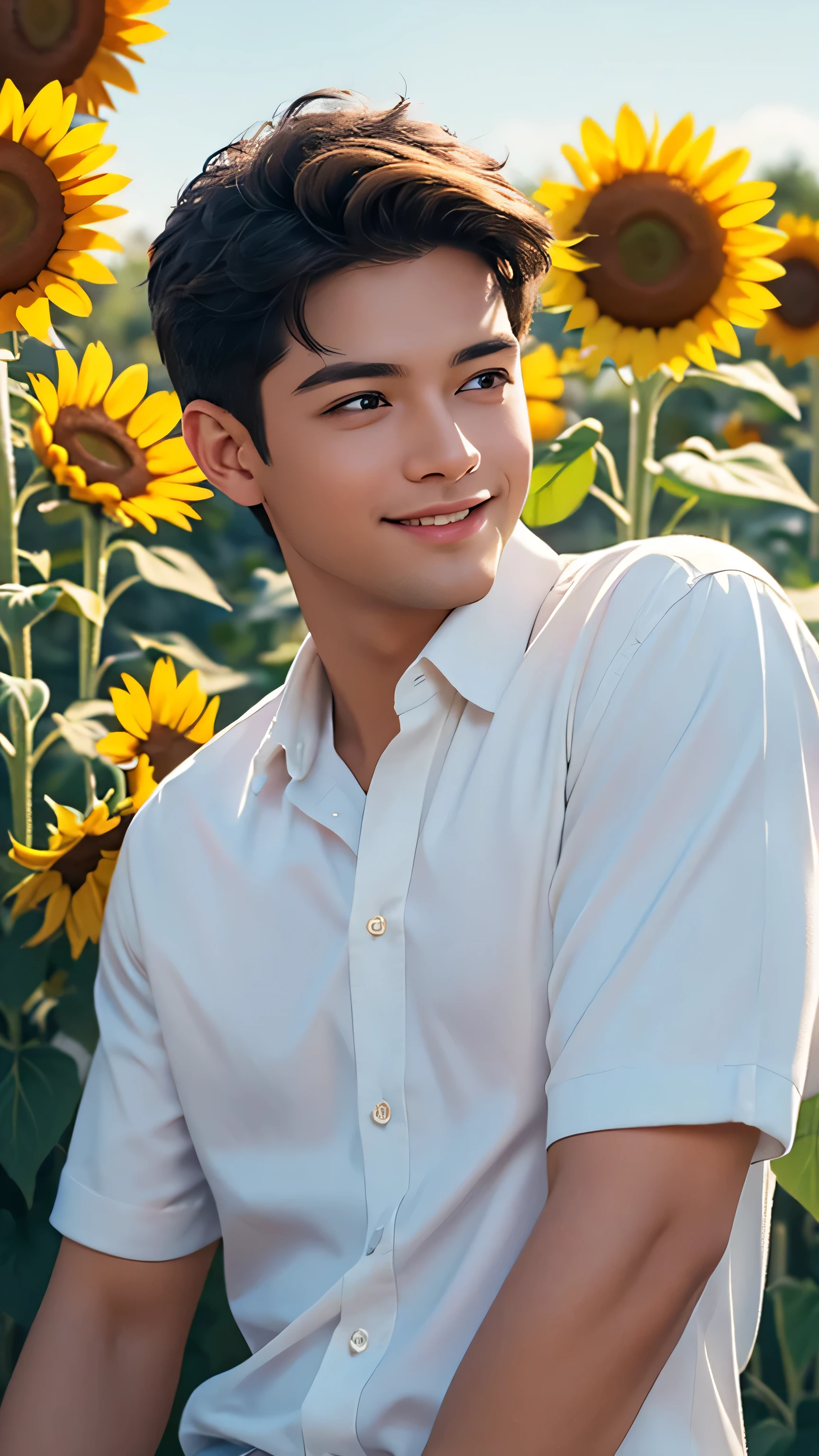 super closeup,A young boy with light brown hair and golden-brown eyes is wearing an unbuttoned white shirt, smiling brightly. He is surrounded by sunflowers in a backlit scene, revealing a clear, bright sky. dynamic seductive face,white Shirt, masterpiece, best quality, photorealistic, realistic, hyperRealism, Perfect anatomy, Perfect perspective, photorealistic, realistic, hyperRealism, soft focus, shallow depth of field, dynamic lighting,lens 50mm f 0.95,dust, Technicolor, Panavision, cinemascope, sharp focus, fine details, 8k, HDR, Realism, realistic, key visual, film still, cinematic color grading, depth of field