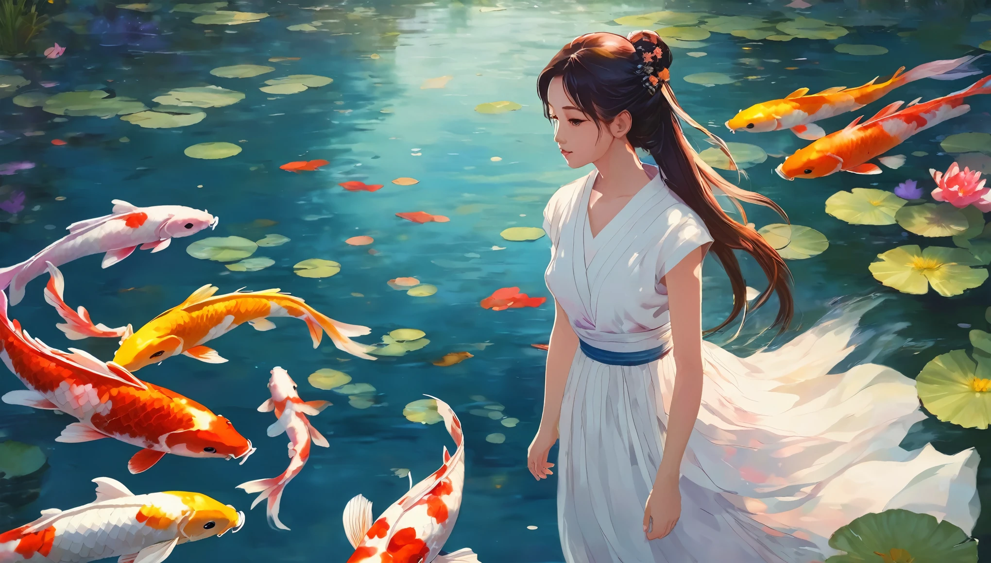 "A serene scene featuring a young girl wearing a flowing white dress, standing gracefully amidst a pond filled with vibrant koi fish. She is surrounded by beautiful flowers of various colors, gently swaying in the breeze. The girl has long, flowing hair and a serene expression on her face, capturing the tranquility of the moment. The artwork should be in Niji anime style, with vivid colors and soft, ethereal lighting that accentuates the delicate features of the girl and the lively koi fish swimming around her."