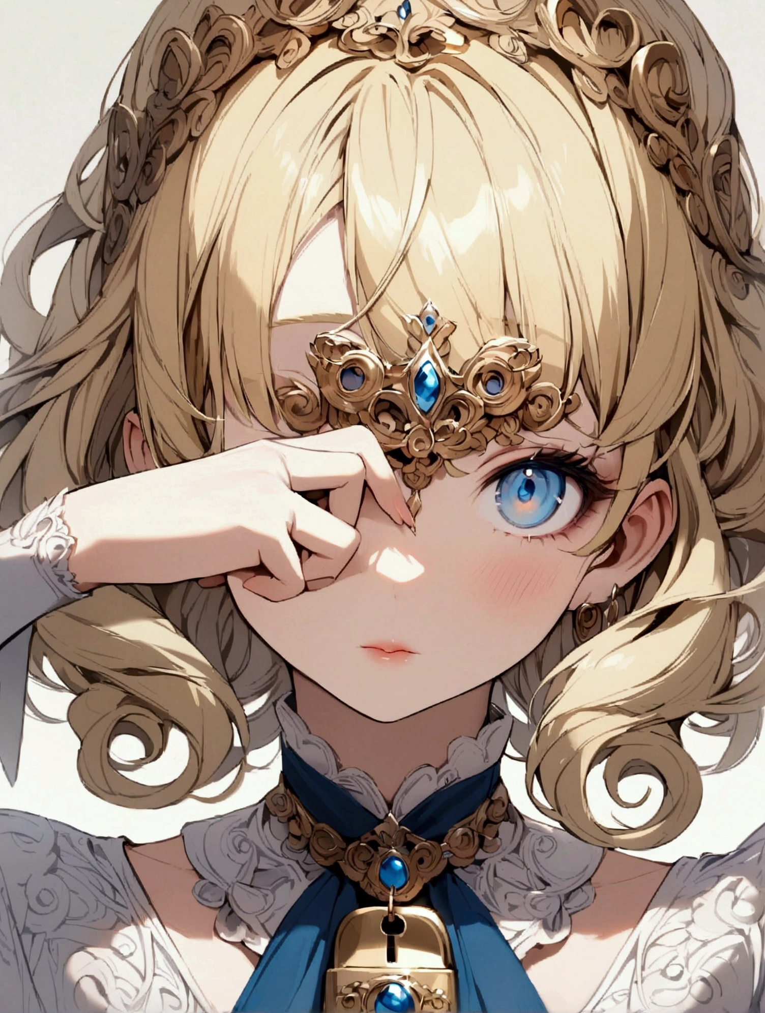 close up of girl with curly blonde hair and blue eyes with a lock covering her eye