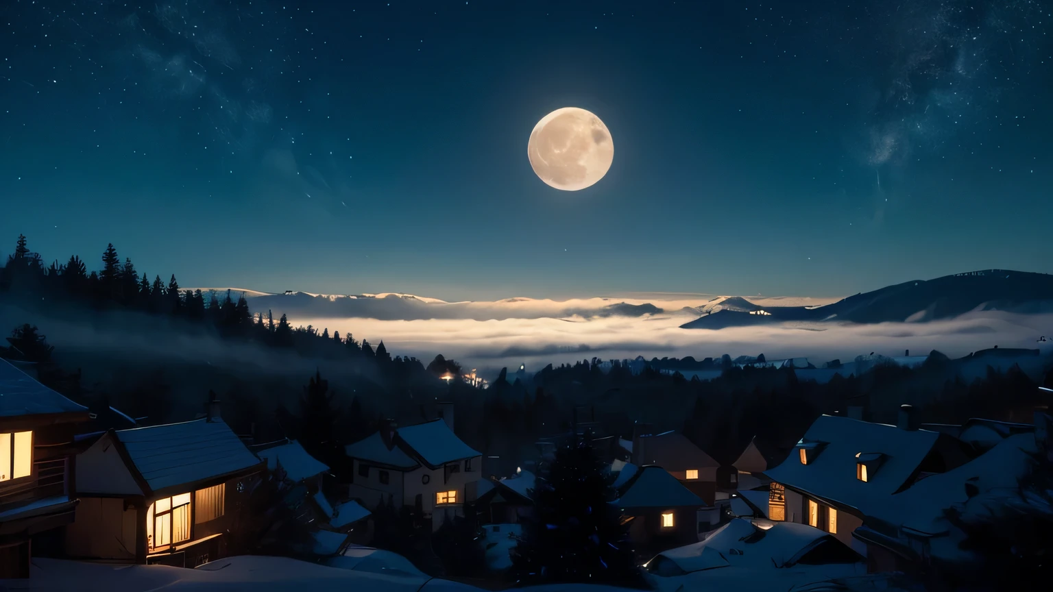 An enchanting night scene featuring a large, luminous moon casting a soft glow over a quaint village. The sky is a deep blue with stylized clouds and twinkling stars scattered throughout. Silhouetted houses with warm, glowing windows sit nestled in the foreground, surrounded by tall trees and gentle hills in the background. The artwork has a whimsical, illustrative style, evoking a sense of calm and magic.