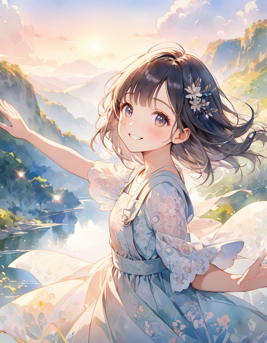 artwork of a young girl with a beautifully radiant smile, posing with her left hand up towards the sky as if reaching for her dreams. Her face should convey a sense of wonder and optimism, with delicate features and intricate details. The background should be a soft, (((dreamy watercolor-style landscape))), (((reminiscent of a famous watercolor artist's masterpiece))). The overall aesthetic should be ultra-detailed, with textured fabrics, subtle shading, and intricate patterns, 