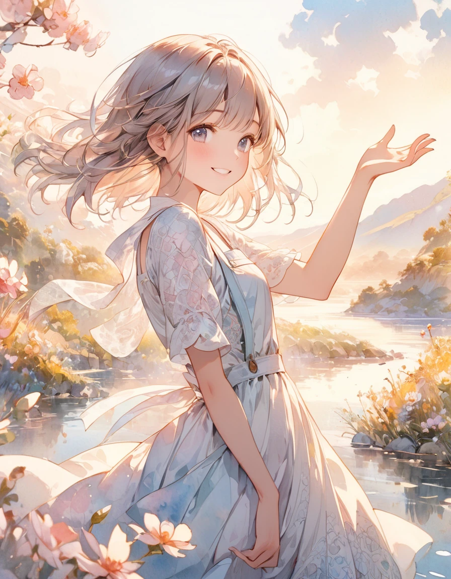 artwork of a young girl with a beautifully radiant smile, posing with her left hand up towards the sky as if reaching for her dreams. Her face should convey a sense of wonder and optimism, with delicate features and intricate details. The background should be a soft, (((dreamy watercolor-style landscape))), (((reminiscent of a famous watercolor artist's masterpiece))). The overall aesthetic should be ultra-detailed, with textured fabrics, subtle shading, and intricate patterns,