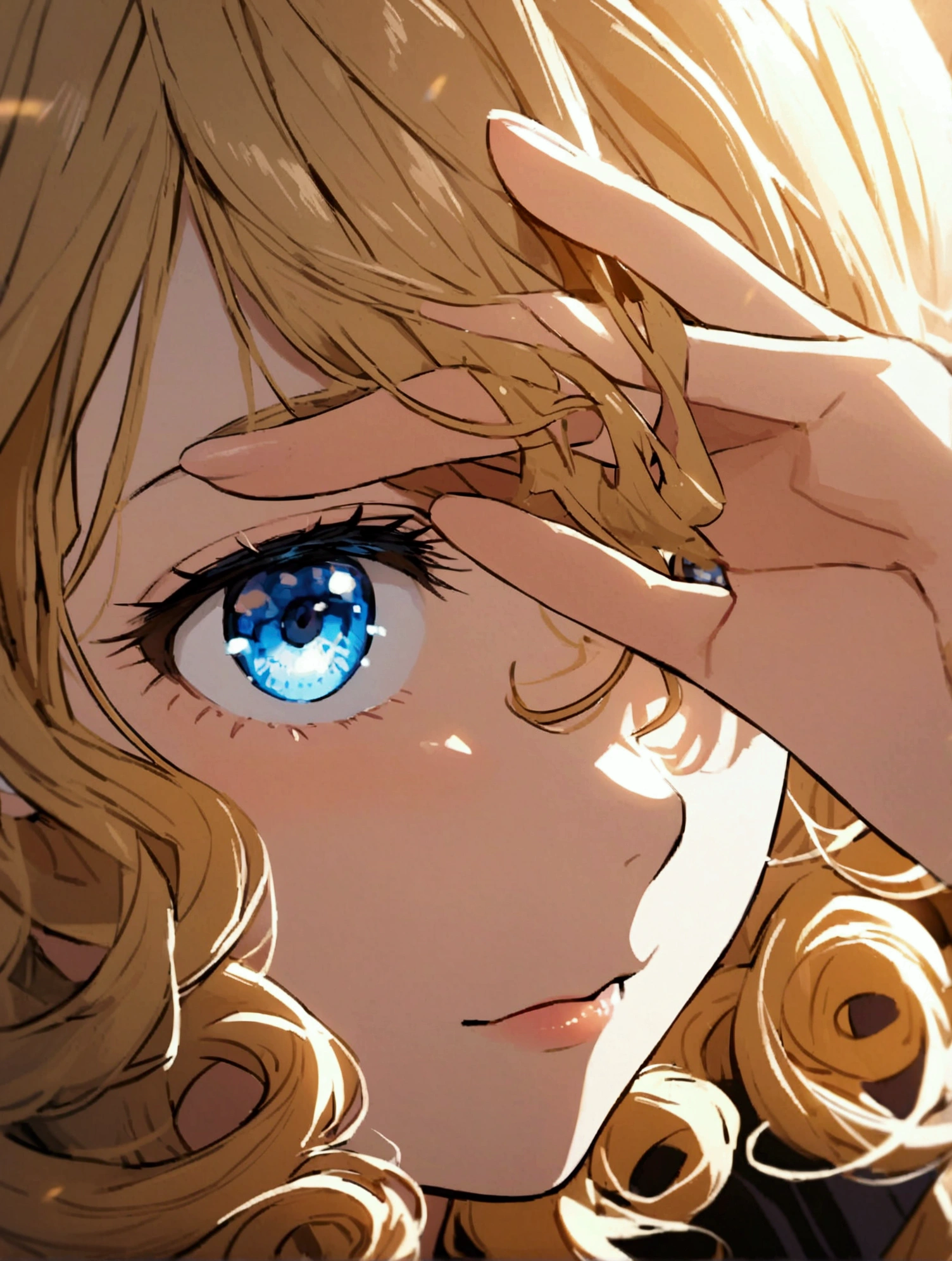 close up of girl with curly blonde hair and blue eyes with a lock covering her eye