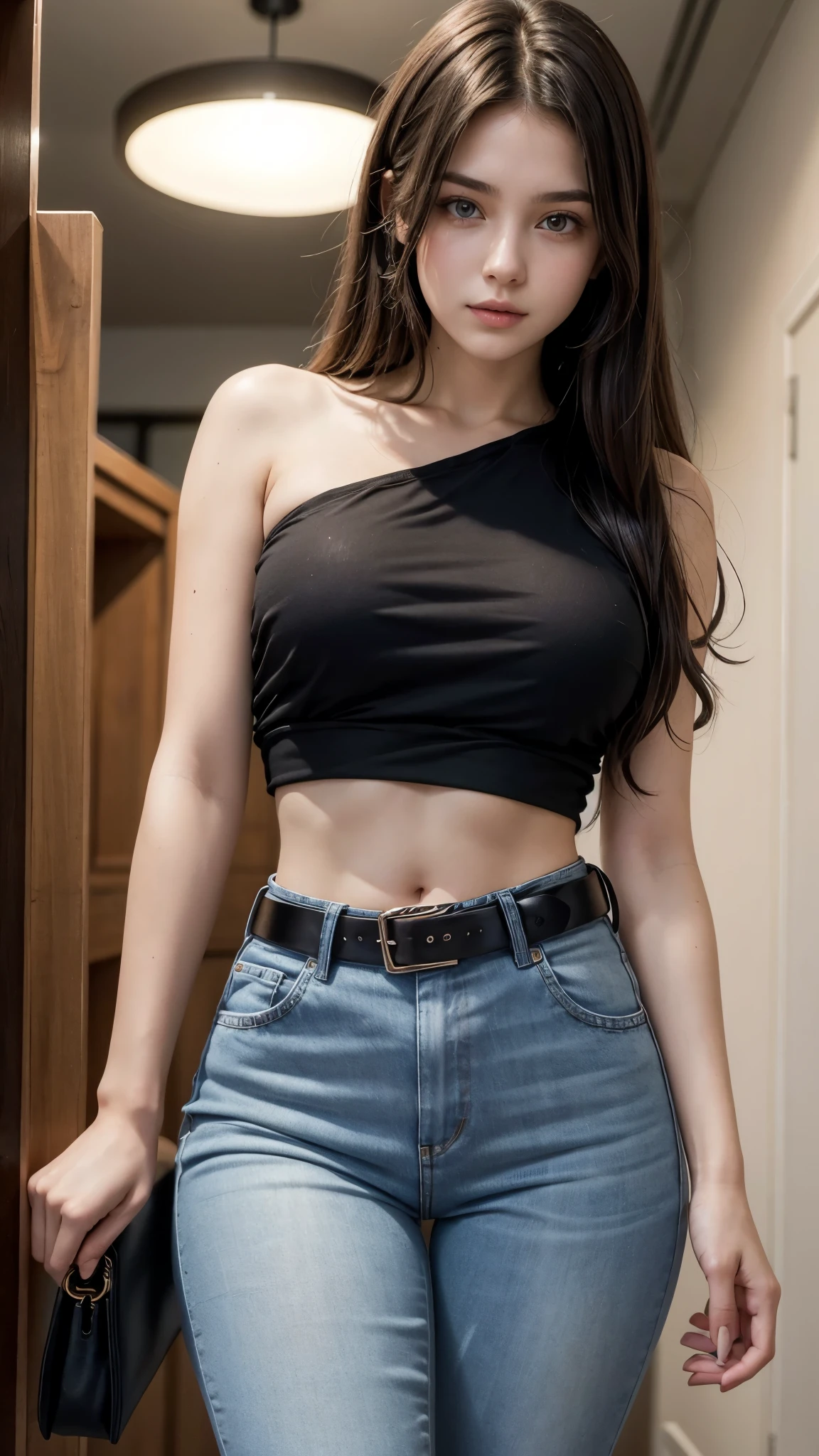 Beautiful 20-year-old brunette girl wearing a short black one-shoulder blouse and high-waisted jeans with a belt showing her navel