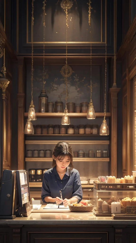 Highest quality,4K,High resolution,masterpiece:1.2,Very detailed,Realistic supermarket,Young girl,A young woman is working at the cash register,Female cashier,Peaceful landscape,Quiet atmosphere,Row of shelves,Snacks and beverages,Price tags,Reflection Bed,Polished counter,Stacking Registers,Cash register machine,Detailed directions,Realism of light and shadow,Photorealistic Lighting:Soft light coming from the ceiling lights,Illuminating the area around the cash register,Create a peaceful atmosphere