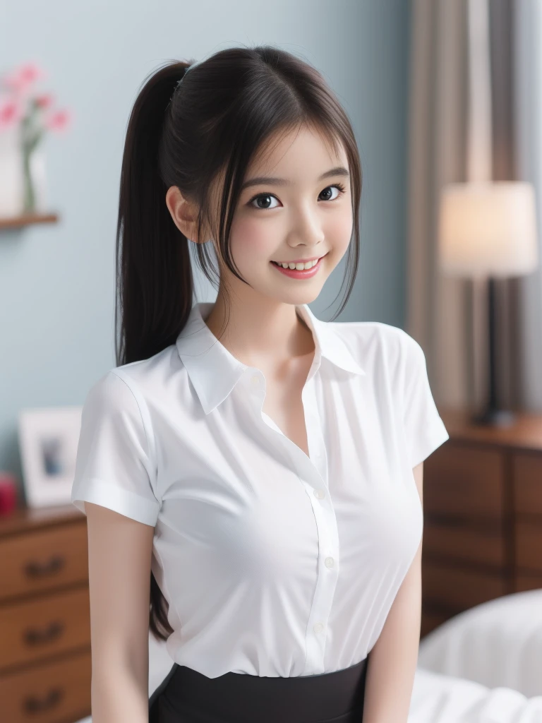 Professional full-length photo, (Best Top Quality, a high resolution, 8 K шедевр, super detailed), (RAW, 8k, HD Images), Detailed fingers, shy, 1 girl, 17 years, Beautiful face, big perfect breasts, White skin, long hair, Ponytail, layers of hair, bang, black hair, Beautiful girl, cutie, cute girl, beautiful girl, ideal girl, beautiful eyes, Blue eyes, thin lips, thin, (eye line, soft lipstick), ideal, bedroom, smile, Hip, legs, short latex skirt, Open shirt, unbuttoned shirt,beautiful breasts,nylon stockings, standing,photo on a white background, wall background, whole body, split, (highly detailed skin:1.2), 8 K, digital SLR camera