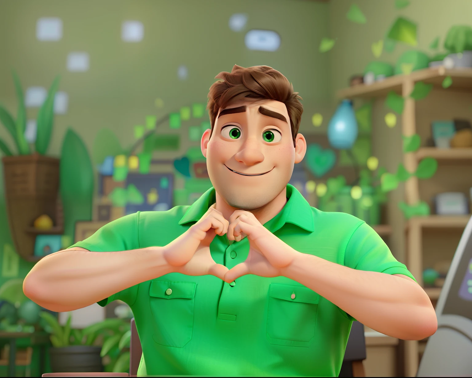 A man in a pixar-style green shirt in high quality, bring out the maximum facial features in the photo