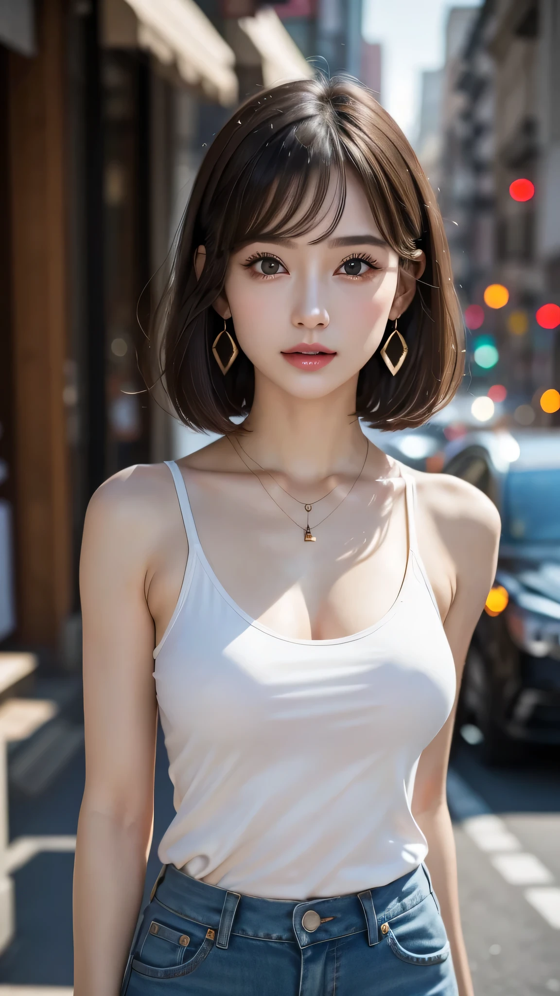 (RAW Photos:1.2)、(Realistic:1.4)、(masterpiece:1.3)、(Highest quality:1.4)、(beautiful woman,perfect body:1.4)、(Perfect Anatomy:1.2)、beautiful women、Tabletop、light makeup、Red lips、Short Bob、Disheveled long hair、Street background、beautiful、elegant、Ultra-fine Aster Pieces、Realistic texture、Realism in film lighting、Perfect job、in 8K、Exquisite facial features、White Tight Tank Top、Denim shorts,Slim figure、Bright big eyes、Earrings、necklace、