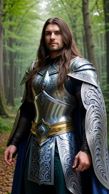 Transform this person into a heroic fantasy warrior. Maintain their facial features, but place them in the body of a tall, muscular warrior with long, flowing hair. They should wear ornate, silver armor adorned with intricate patterns, a flowing cape, and hold a gleaming sword. The background is a mystical forest with a glowing, enchanted ambiance.