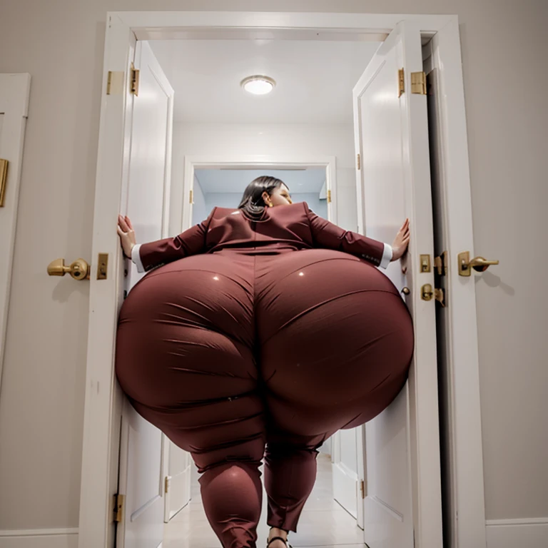 masterpiece, 1girl tall, fat, bottom heavy ssbbw british, 30 year old, behind a doorway, from behind, (doorstuck, stuckback:1.3), big belly, huge wide hips, massive butt,  thick thighs, colorful clothing, wearing a red suit and tie and formal pants, upset, she tries to wiggle her big body through the door, but the door is too small and she is stuck tight, she kicks and swings her legs back and forth in a panic, she is way too big and round to fit through,, she looks behind at the viewer politely asking for some help as she tries to pull herself out with all her might, she swings her hips desperately