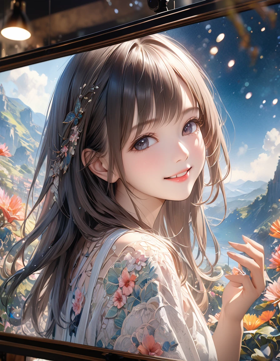 A young girl with a beautifully radiant smile, posing with her left hand up towards the sky as if reaching for her dreams, delicate facial features, intricate details, dreamy watercolor-style landscape reminiscent of a famous watercolor artist's masterpiece, ultra-detailed, textured fabrics, subtle shading, intricate patterns, best quality, 4k, 8k, highres, masterpiece:1.2, ultra-detailed, realistic, photorealistic, photo-realistic:1.37, HDR, UHD, studio lighting, ultra-fine painting, sharp focus, physically-based rendering, extreme detail description, professional, vivid colors, bokeh, portrait