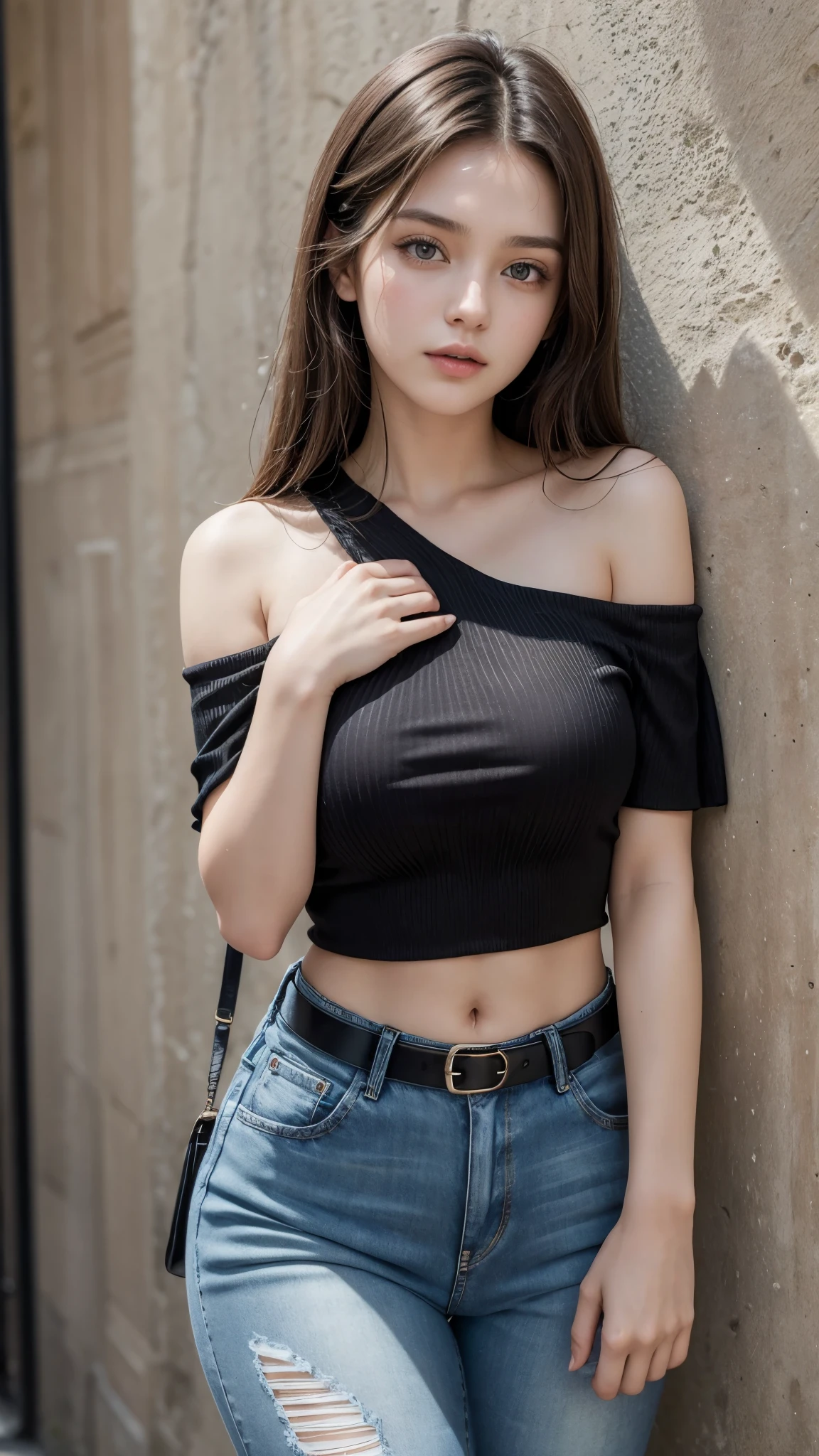 Beautiful 20-year-old brunette girl wearing a short black one-shoulder blouse and high-waisted jeans with a belt showing her navel 