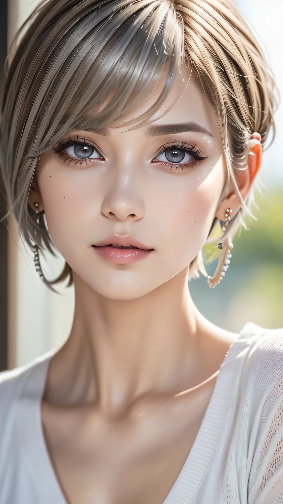 (Highest quality, masterpiece), One Girl, beautiful girl, brown_eye, ((hair color [Silver hair], [Pixie cut with front hair] hair)), Earrings, lips, Short sleeve,Realistic, Tight waist, charm, Colorful Makeup, Long eyelashes, Fair skin, (cute), (Detailed face), Detailed eye, Detailed Iris, 