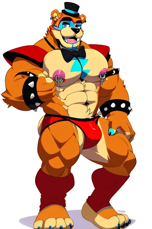 Glamrock Freddy, muscular and hairy, Red Waistcoat, red panties, with nipple piercings