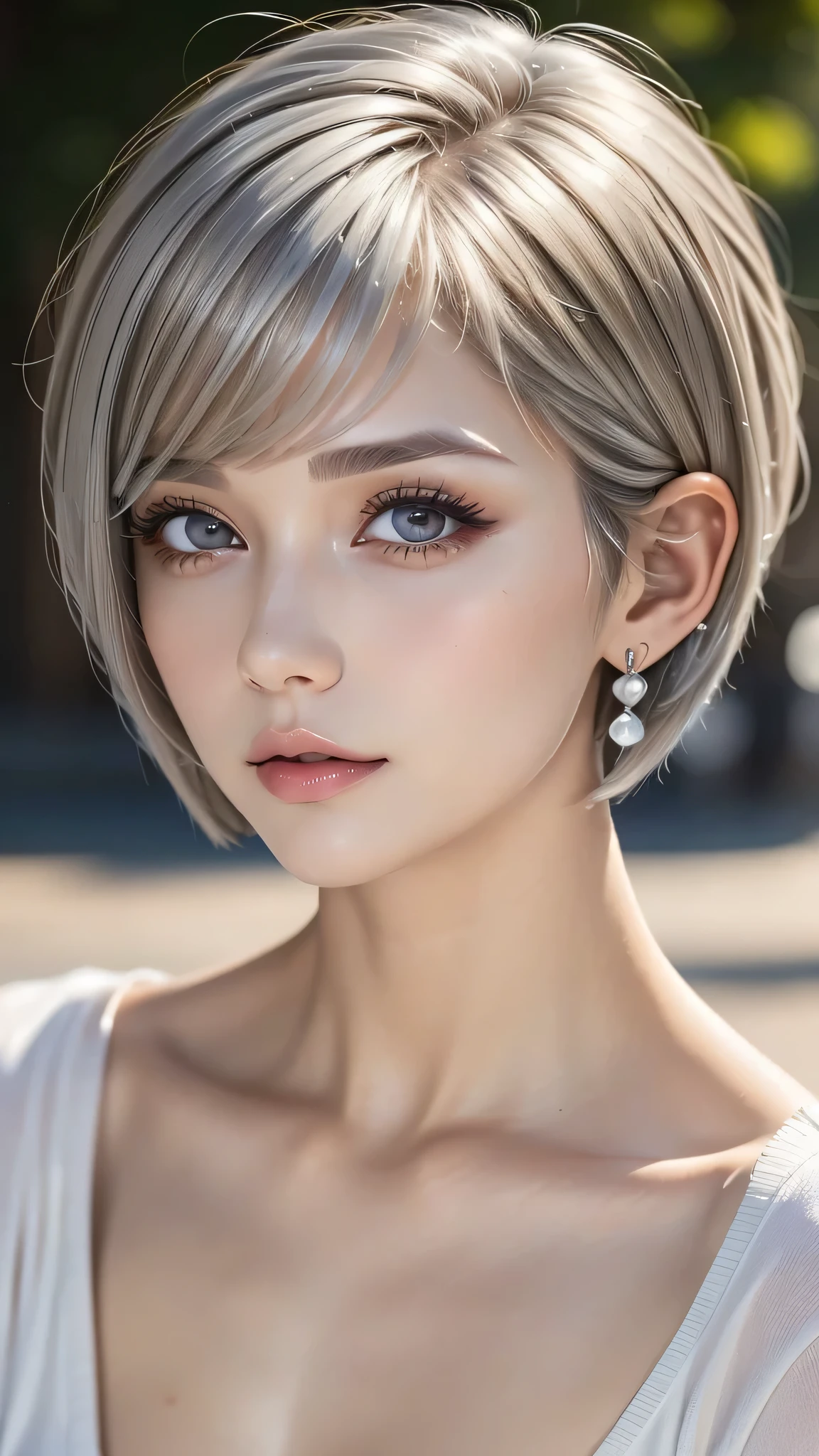 (nude)、(Best Quality, masterpiece),  1 girl,  beautiful girls, brown_eye, ((hair color [Silver hair], [ pixie cut with bangs ] hair)),  earrings for a woman alone, lips, Short sleeve,Realistic,  thin waist, Charming,   colorful makeup  ,  Long eyelashes,  white skin, (cute), (Detailed face), 詳細ed eye, Detailed iris, 