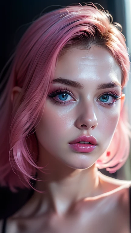 (((ultra realist))) photoshot, ​masterpiece, top quality, (pale skin), (extremely detail face and eyes:1.2), 1 girl, adult, ((wear a very tight bra)), Strapless bra, ((very rich eye make-up, pink mascara)), ((artificial, Detailed Lips)), ((unedel&#39;s blonde wavy hair)), ((stylish hairstyle)) , (({Enormous|Giant|large|huge|mega|fake} firm breasts)), (thin waist, Plump body), ((sehr largeer Ausschnitt)), breast focus, photoshotshoot, (soft) illumination, (The play of light and shadow), depth of field, boke, (special attention to leather details: 1.2), (special attention to the collarbones and ribs: 1.2), (special attention to huge breasts: 1.3), (Pay special attention to tight clothing: 1.1), Detailed leather structure, Hautporen, Oily skin. (Erotic atmosphere of the frame.), dr, ((The granularity)), ((Rays)), (glare), ((hole body, foreground)) , extremely detail,