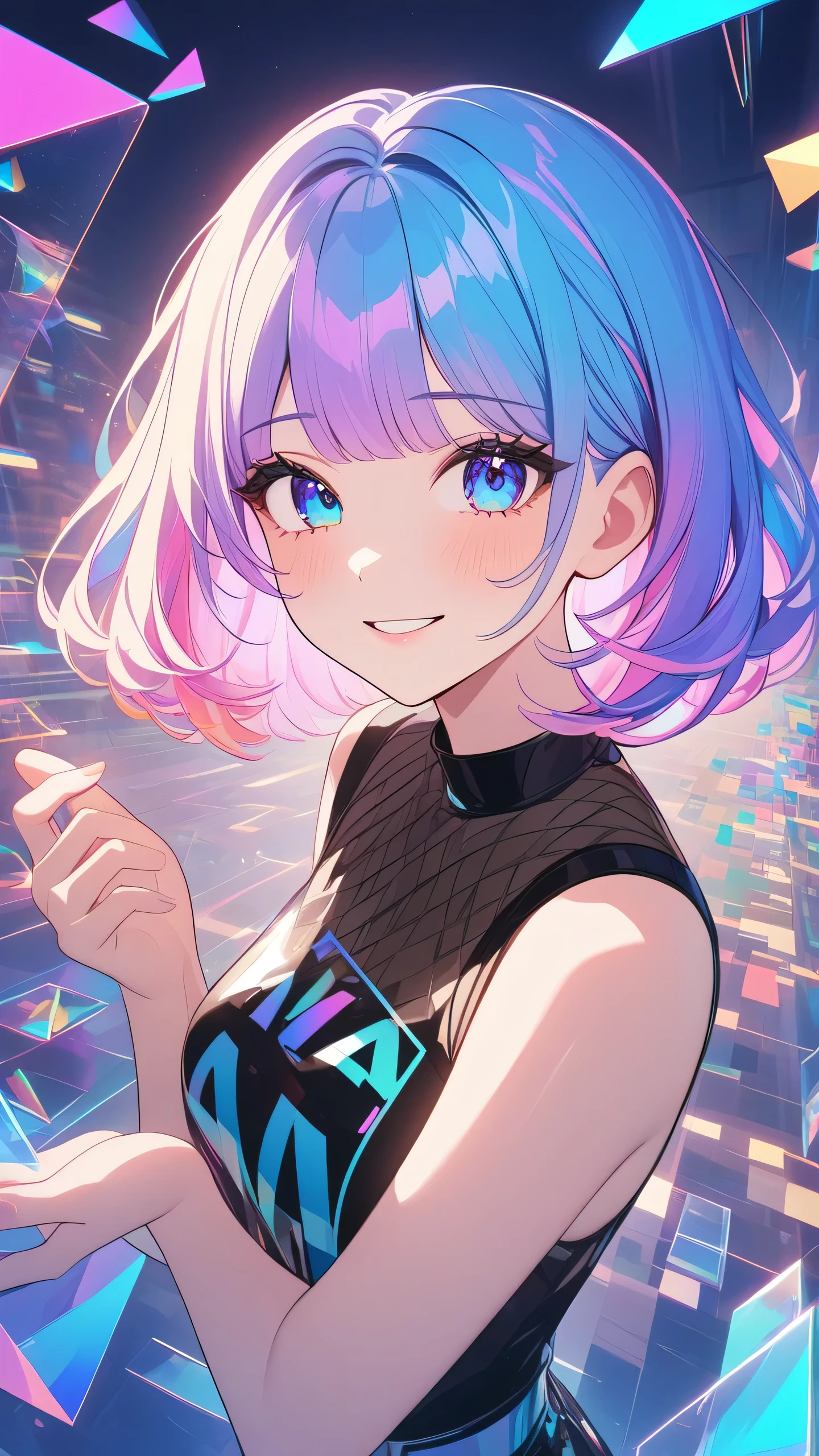 masterpiece,bestquality,superwideangle,fingeraudience,1girl,pinkandbluehair,hand,cuteanimeface,tears,masterpiece,transparentcolorPVCclothing,transparentcolorvinylclothing,wholebody,glitchlump}onface,smile,mediumhair,filmgrain,lens_flare,colorful,chromaticaberration,dynamicpov,closedmouth,Intenseemotionalexpression:death,glitchart,ultra-detailed,extremelydelicateandbeautiful,albumcover,album,albumdescription,Pixilationonface,Doubleexposure,ChromaticAberration,Lightleaks,Noiseandgrain,Colordegradation,Glitchlettering,art,abstractart,geometry,clearlines,squares,bright,limitedpalette,{canonicalcomposition},neatdiagonalstripedbackground,{{bluewithwhitestripedbackground}},{limitedpalette},flatcolored,blueandwhite,