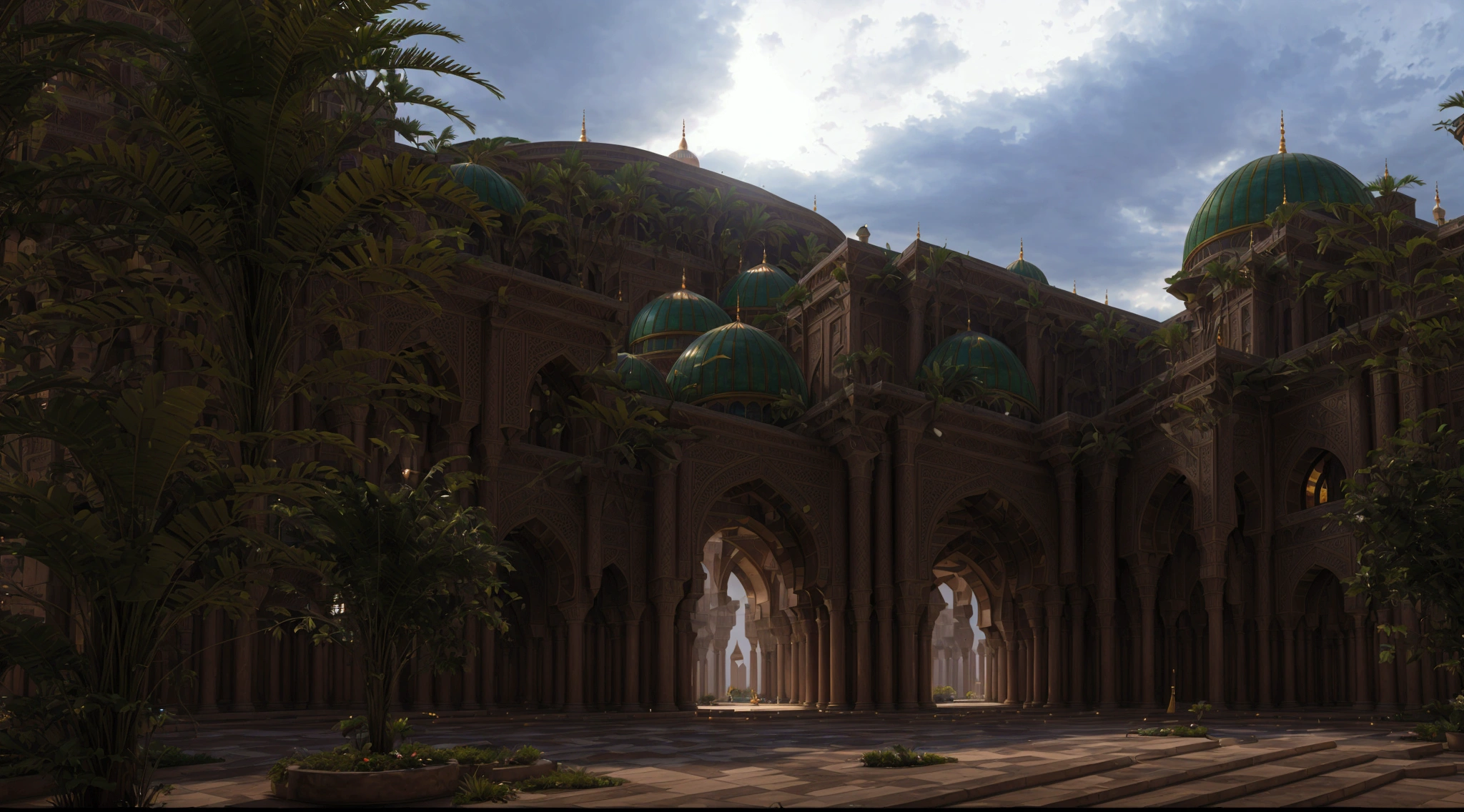 there is a big building with a green dome and a blue sky, Naboo, exterior of scifi temple, mosque, in a futuristic palace in the desert, cybermosque interior, cyberpunk mosque interior, moroccan mosque, Dome of Wonders, Rendering in the NVIDIA omniverse, pov rendering - lightning bolt, soft overhead lighting, render octae, Rendered in Unreal Engine 3