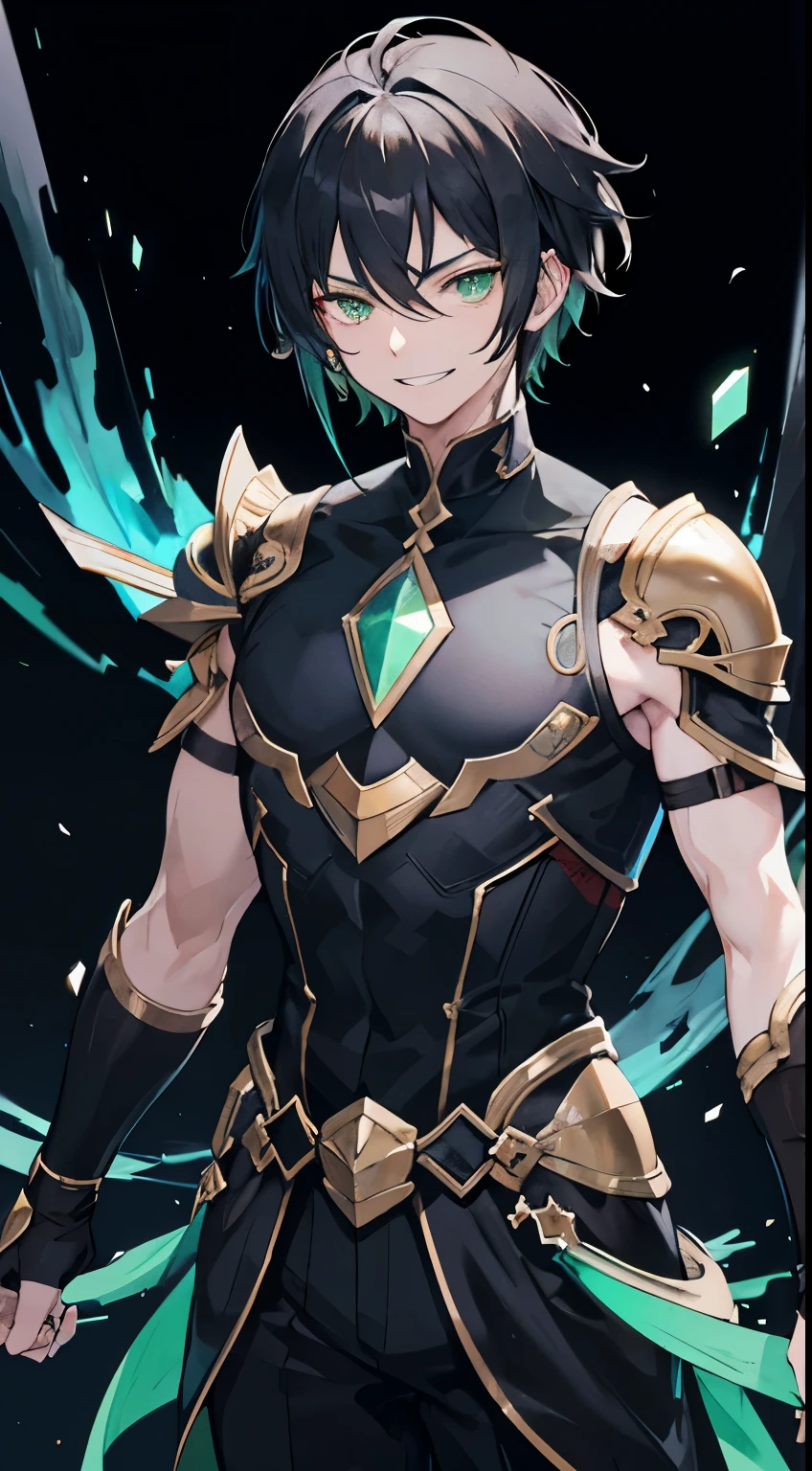 1Boy, has short blond hair, has sharp green eyes, give accurate facial features, give accurate hands, accurate legs, HD , thighs appears , has a light ability , he can control lights , he has the power of light
