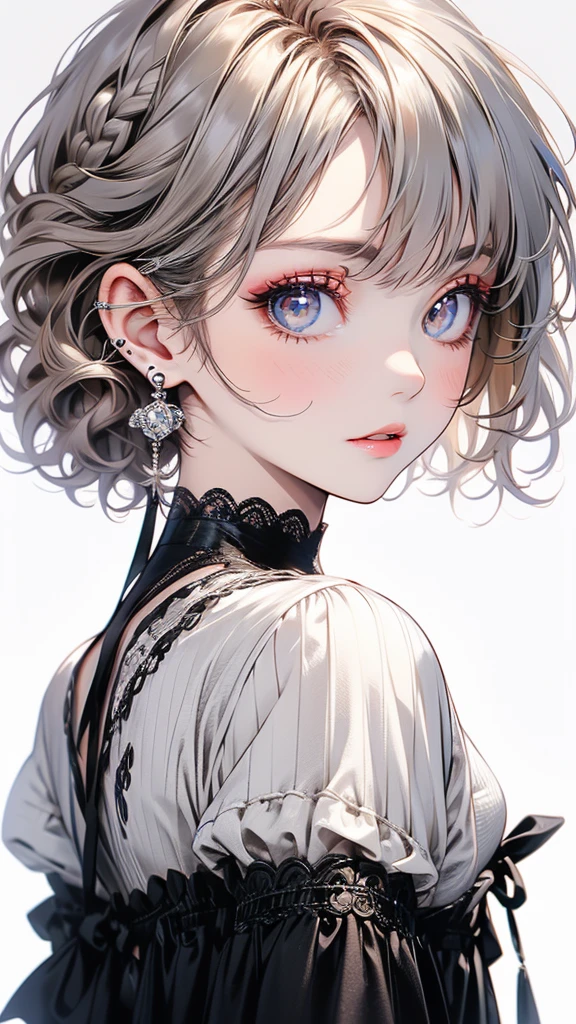 (Highest quality, masterpiece), One Girl, beautiful girl, brown_eye, ((hair color [Silver hair], [前hairありのピクシーカット] hair)), Earrings, lips, Short sleeve,Realistic, Tight waist, charm, Colorful Makeup, Long eyelashes, Fair skin, (cute), (Detailed face), 詳細ed eye, Detailed Iris, 