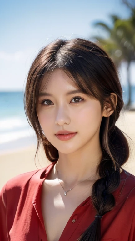a beautiful black woman with long braided hair, hazel colored eyes, looking at viewer, smile with teeth, wearing a red shirt and black hot pants with a black necklace, gazing softly at the viewer, standing on a beautiful beach background, (best quality,4k,8k,highres,masterpiece:1.2),ultra-detailed,(realistic,photorealistic,photo-realistic:1.37),natta,HDR,UHD,studio lighting,ultra-fine painting,sharp focus,physically-based rendering,extreme detail description,professional,vivid colors,bokeh