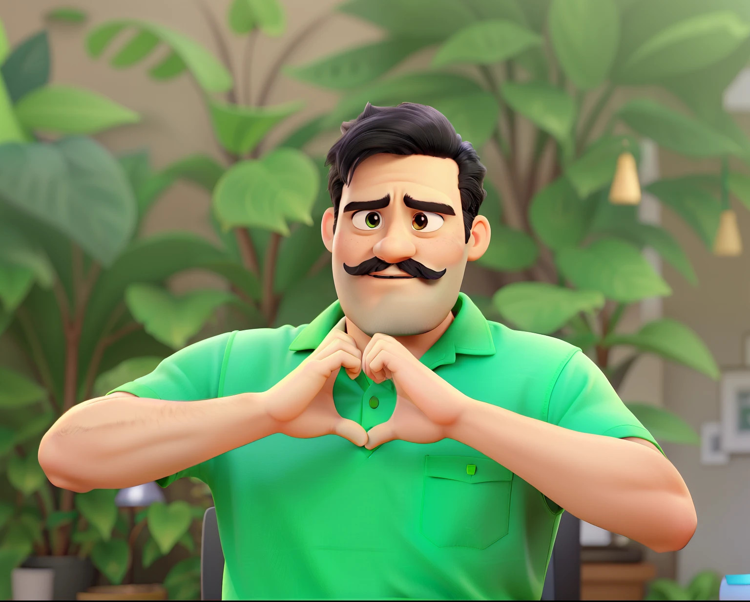 A man with black hair, mustache and green pixar style shirt in high quality