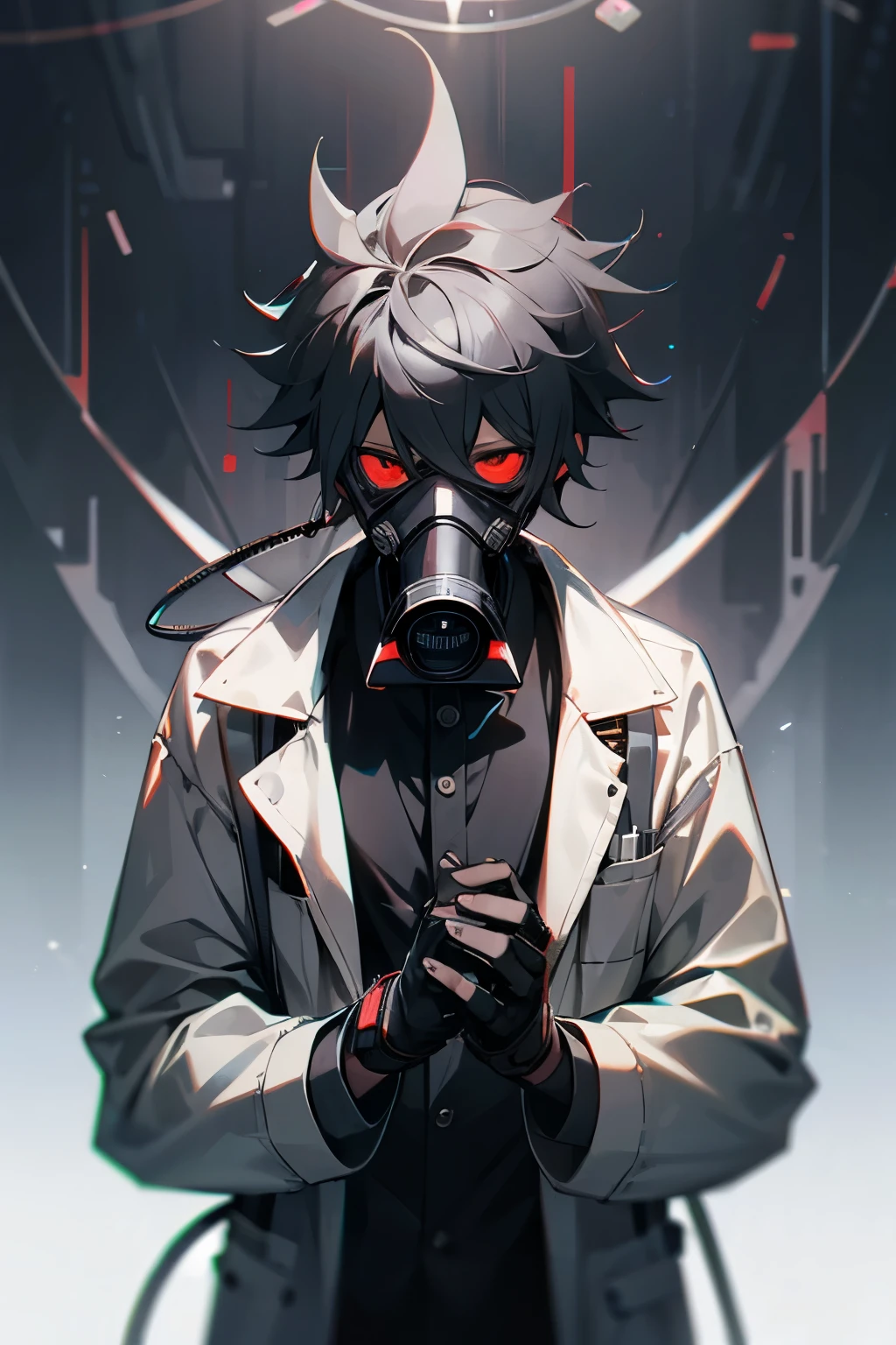 Young mad scientist hacker male character wearing gas mask
