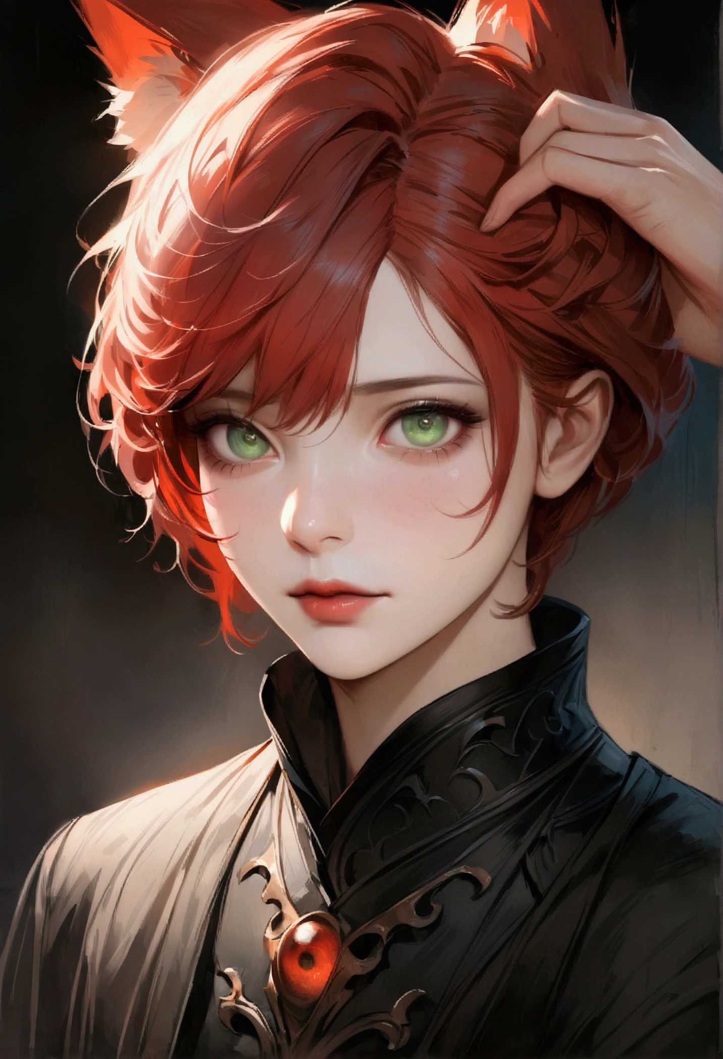 Realistic Digital Painting with Concept Art Elements"," digital painting," "concept art," , "high detail", "high-res", "ominous aura,", "8k resolution", "oil painting", "darker tone" , "little saturation" ,"dark feeling", "concept art" , "detailed features" , "detailed eyes" (masterpiece), highest quality, Expressive eyes, Perfect Face, (masterpiece), highest quality, Expressive eyes, Perfect Face, male, red Hair, Green Eyes, kitsune, Portraiture,, good looking, Apathetic and tired, Scratching his head while looking at the viewer,