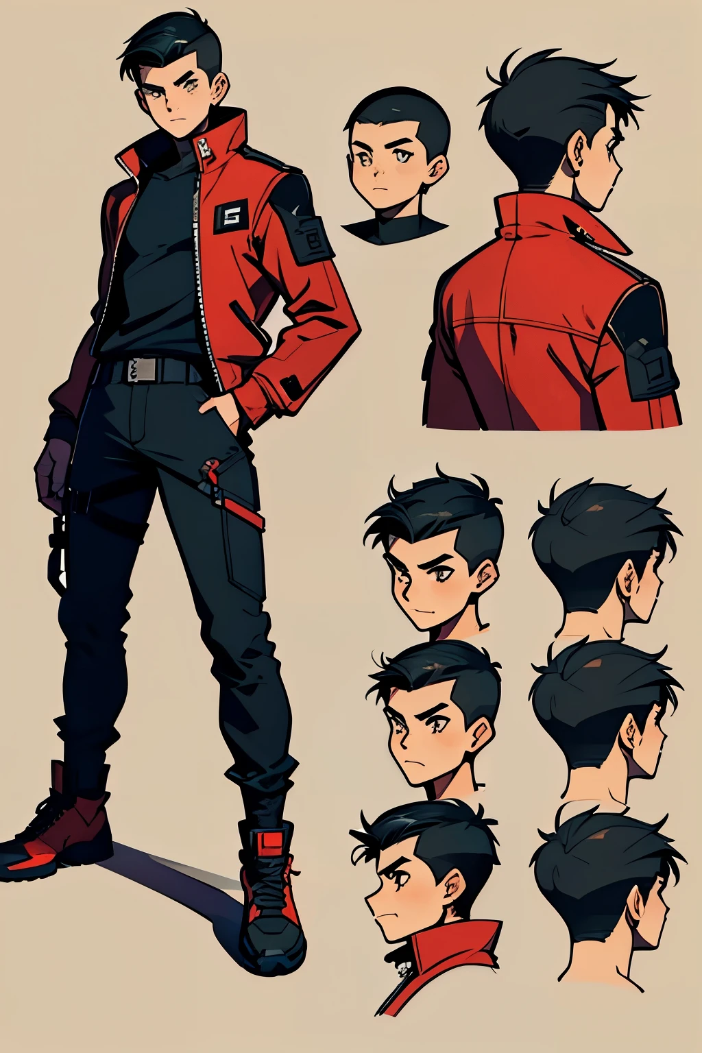 Original adoptable 15 year old boy character reference sheet. black hair clothing Cyberpunk apocalyptic haircut taper fade medium  ,  youth red jacket