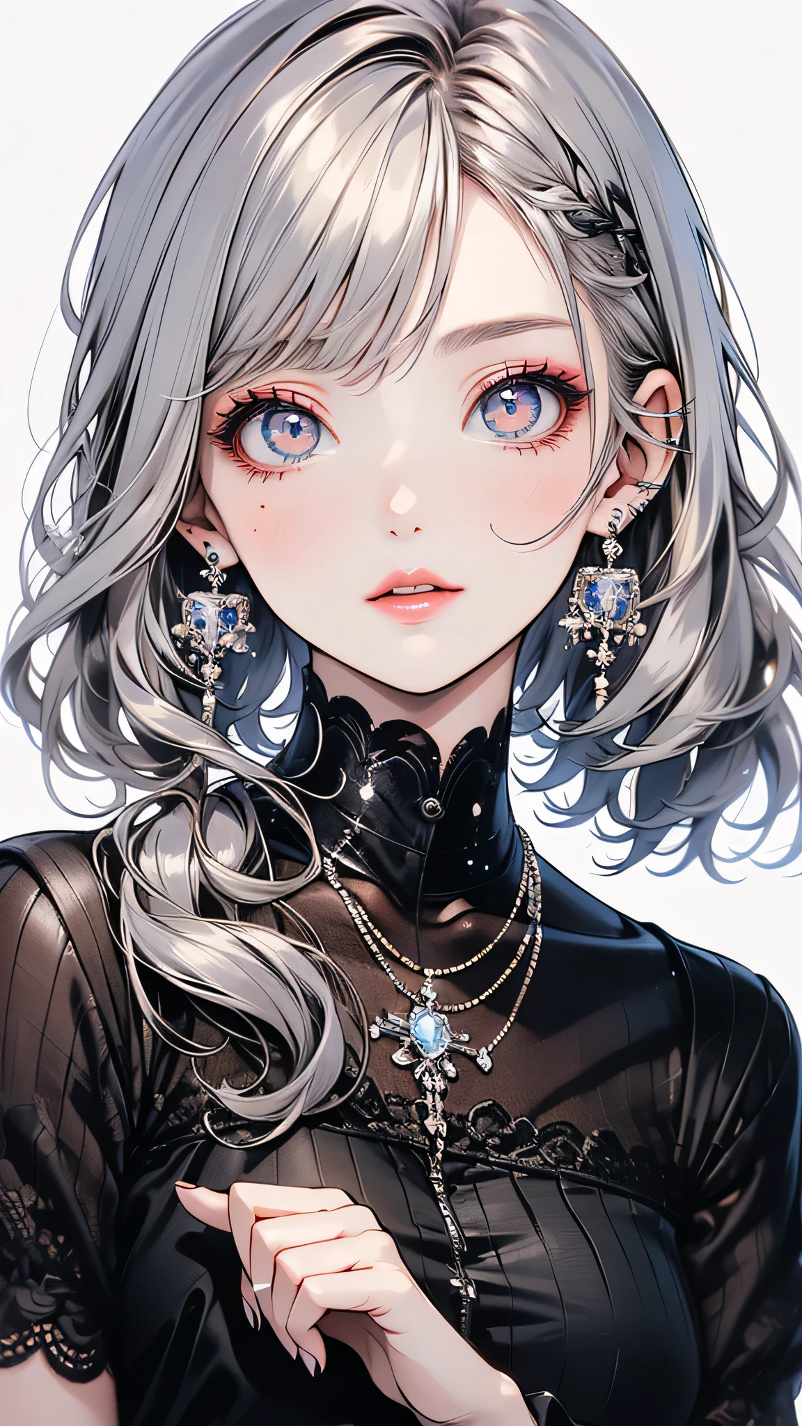 (Highest quality, masterpiece), One Girl, beautiful girl, brown_eye, ((hair color [Silver hair], [Pixie cut with front hair] hair)), Earrings, lips, Short sleeve,Realistic, Tight waist, charm, Colorful Makeup, Long eyelashes, Fair skin, (cute), (Detailed face), Detailed eye, Detailed Iris, 