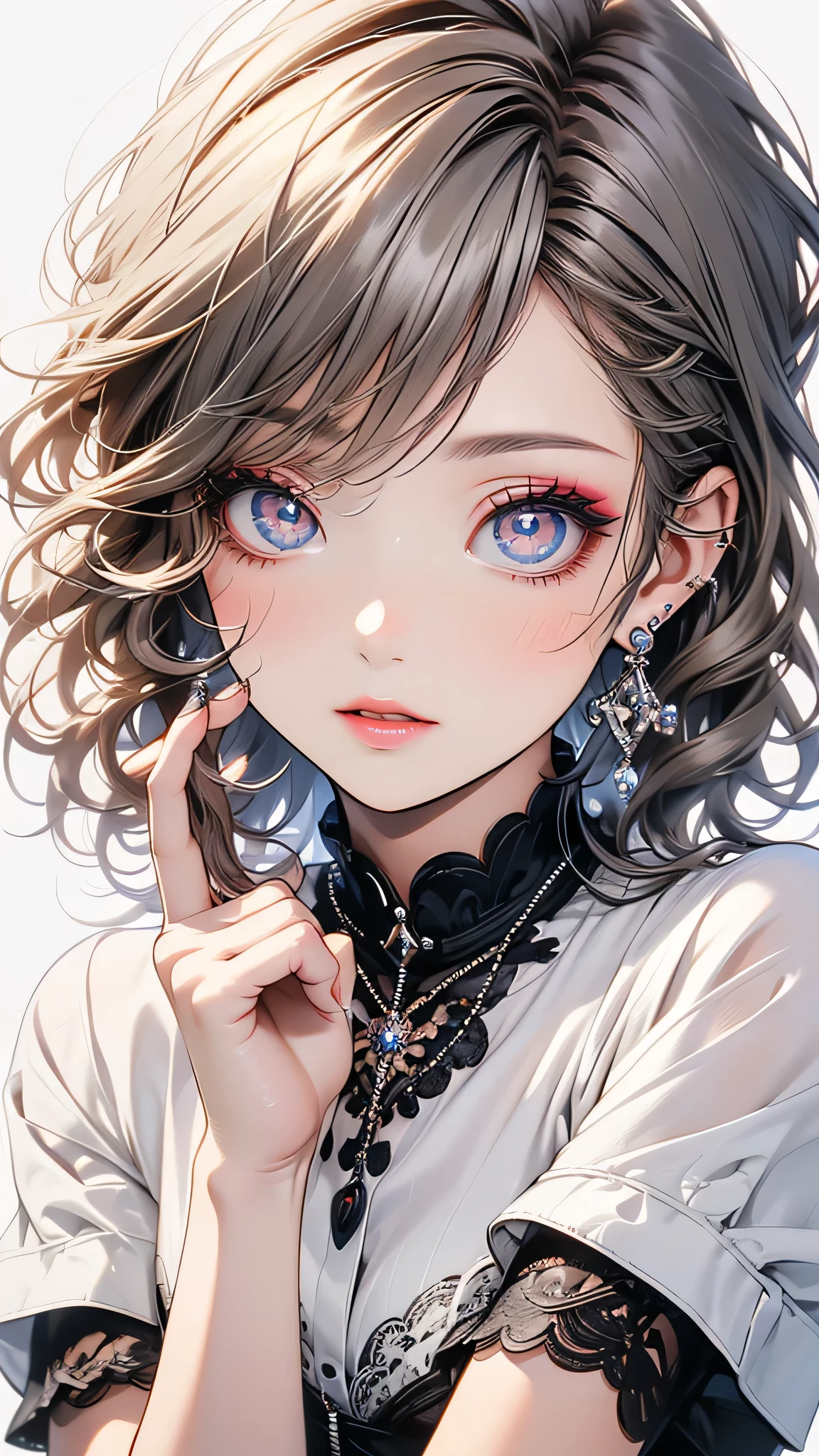 (Highest quality, masterpiece), One Girl, beautiful girl, brown_eye, ((hair color [Silver hair], [Pixie cut with front hair] hair)), Earrings, lips, Short sleeve,Realistic, Tight waist, charm, Colorful Makeup, Long eyelashes, Fair skin, (cute), (Detailed face), Detailed eye, Detailed Iris, 
