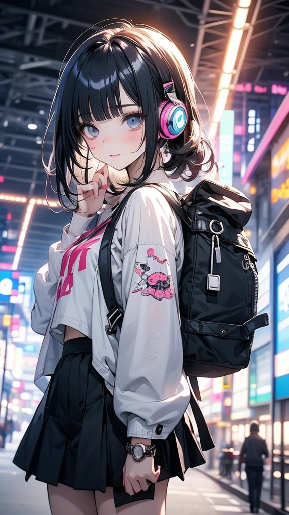Anime girl with headphones and backpack looking at cell phone, Anime Style 4 k, Alice x. open, Digital anime art, Nightcore, Digital anime illustration, Anime Styled digital art, anime art wallpaper 4k, anime art wallpaper 4k, Anime art style, Anime digital art, Anime Style artwork, Anime Style. 8k, detailed Digital anime art