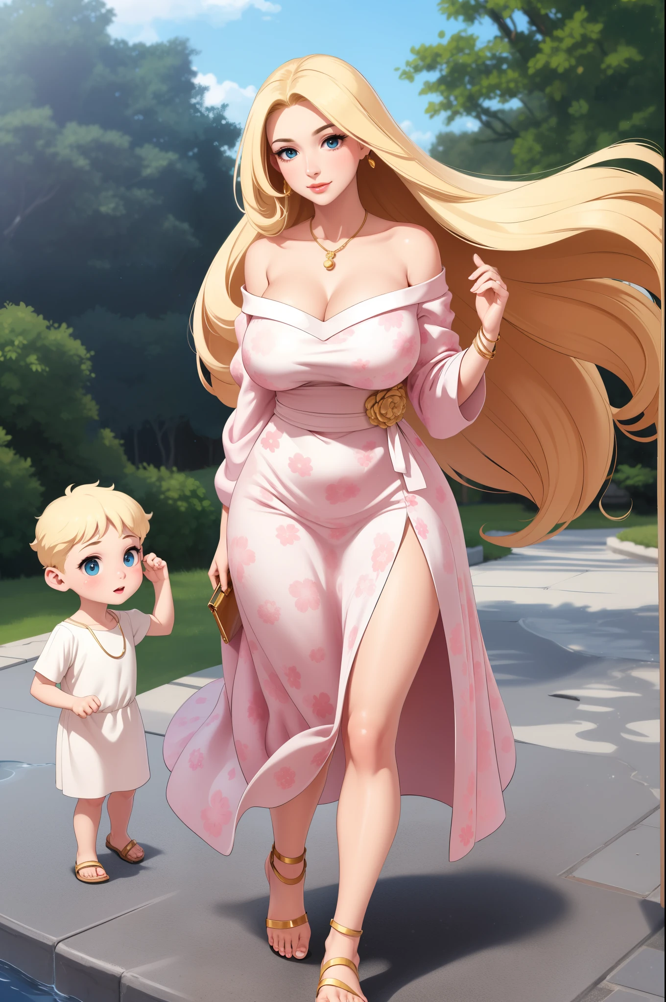 An extremely beautiful stunning mother with a perfect busty body, gold blonde long silky hair, big blue eyes, extremely super bright snow white fair stunning flawless glowing lush shiny white skin, a perfect tight hourglass figure, and a skinny waist, extremely cute smile on the face, bright pink blushes on cheeks, wearing a long cute sky-blue floral dress along, and a white off-shoulder sweater, white flip-flop sandals, gold necklace on the neck, gold anklets on feet, standing straight, holding her purse and her little son's hand, grass in the background, show full body from head to feet
