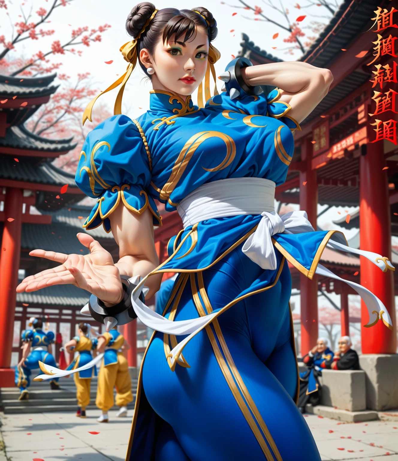 Create a Chun-Li, de Street Fighter 2, 20 year old with full breasts, 80 year old grandma, young woman, very big and round ass, lightly muscular style, Chun-li wearing the classic uniform
