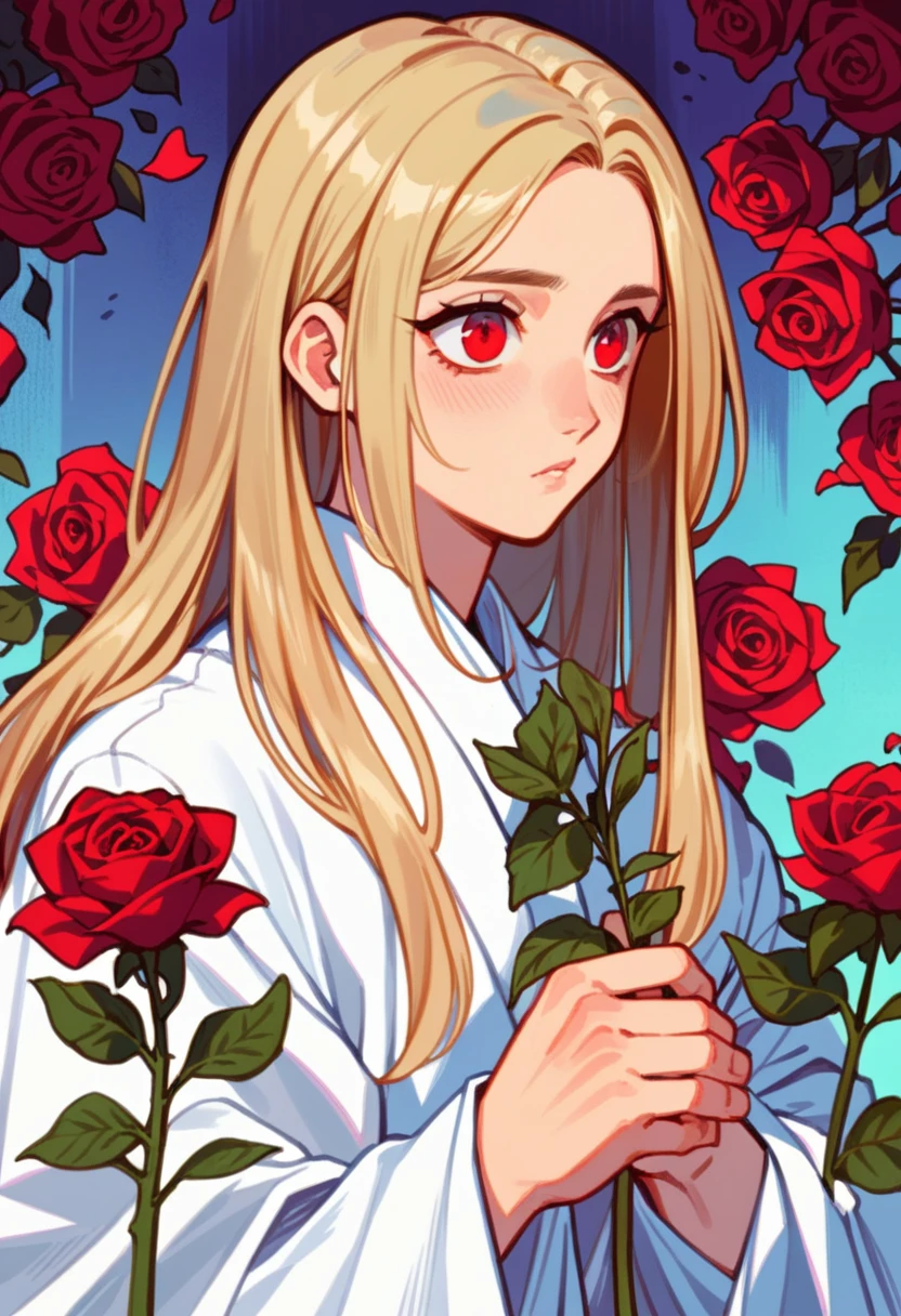 pale man , handsome , red eyes , blond hair , white skin , long hair , big eyes , smelling a rose 