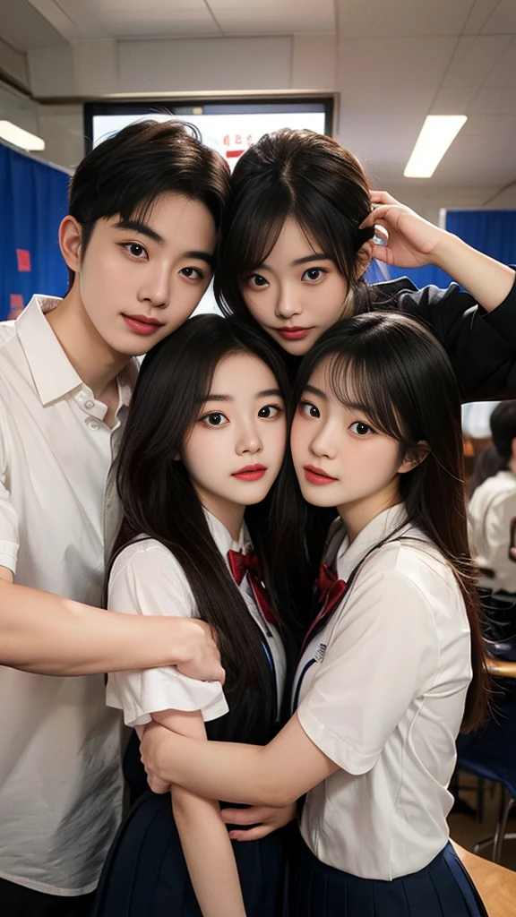 (((Safe For Work : 1.5))), 4-cut split film, LifeNetcut, Instant photo booth photo shoot, (A group consisting of a Korean man and one Korean woman. : 1.5), Four Korean high school students, (coeducational: 1.5), They wear the same , (school _uniform :1.2), friend, Each person wears a prop and poses with a playful expression., A pretty woman and an ugly woman and a nice man and an ugly man, Different poses for each photo, Various shapes and text stickers marked on photos, no background