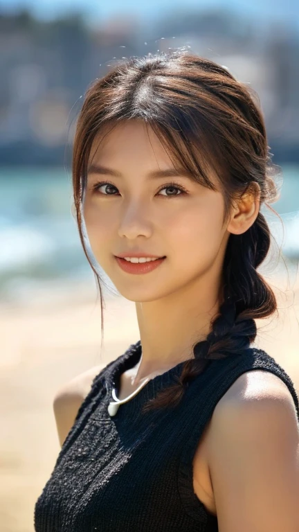 a beautiful black woman with long braided hair, hazel colored eyes, looking at viewer, smile with teeth, wearing a red shirt and black hot pants with a black necklace, gazing softly at the viewer, standing on a beautiful beach background, (best quality,4k,8k,highres,masterpiece:1.2),ultra-detailed,(realistic,photorealistic,photo-realistic:1.37),natta,HDR,UHD,studio lighting,ultra-fine painting,sharp focus,physically-based rendering,extreme detail description,professional,vivid colors,bokeh