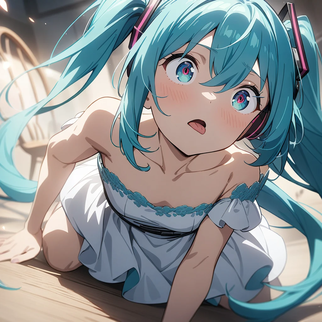 NSFW,Yoshino Astral Dress、Long Hair、blue eyes、ribbon、Hair between the eyes、Blue Hair,Small breasts,Fishnet tights,(Perfect hands),(Perfect Anatomy),(masterpiece),(highest quality),Embarrassed,blush,(train:1.5),Lift your butt,(orgasm:1.5),(Ecstasy face:1.5),(Frightened face:1.5),Open your mouth、Sticking out tongue