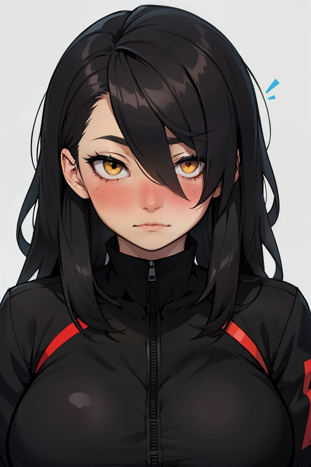 massive hair muscular girl big breasts pale skin black hair yellow eyes empty eyes empty eyes empty eyes empty eyes empty eyes embarassed blush