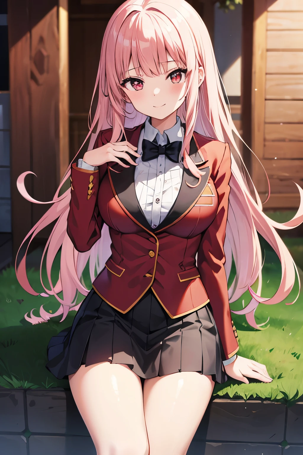 (masterpiece:1.2, Highest quality),(Anime Style),Visible from the knees to the head, girl,Blood red eyes,Tree Eyes,smile,Very light pink hair,Bangs,Cropped bangs,Curly Hair,Perm,Black ribbon accessories, Quite large breasts, Black mini skirt,金色の縁取りのRed blazer,(Red blazer)