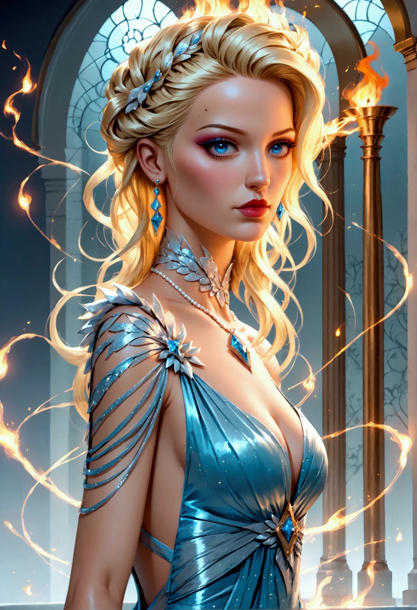 a glamour picture shot, of an elite model covered in fire walking on a icy catwalk, an extraordinary glamourous elite female model, ((full body: 1.5)),  ((anatomically correct: 1.5), (ultra detailed face: 1.2), best detailed face, blond hair, long hair, lush hair, glam hair cut, blue eyes, delicate face, light make up, wearing intricate detailed dress, glamour dress, haute couture dress, elite fashion dress, FireMagicAI,  small cleavage, busty wearing high heels, elegant high heels, she wears diamond necklace, she is covered in fire, she walks on an icy catwalk, image reflecting in the ice IceMagicAI, elite fashion show background, vibrant, Hyperrealism style, vibrant, Ultra-high resolution, High Contrast, (masterpiece:1.5), highest quality, Best aesthetics), best details, best quality, highres, ultra wide angle, 16k, [ultra detailed], masterpiece, best quality, (extremely detailed) RAW, FireMagicAI, IceMagicAI, Dark Art Painting Style