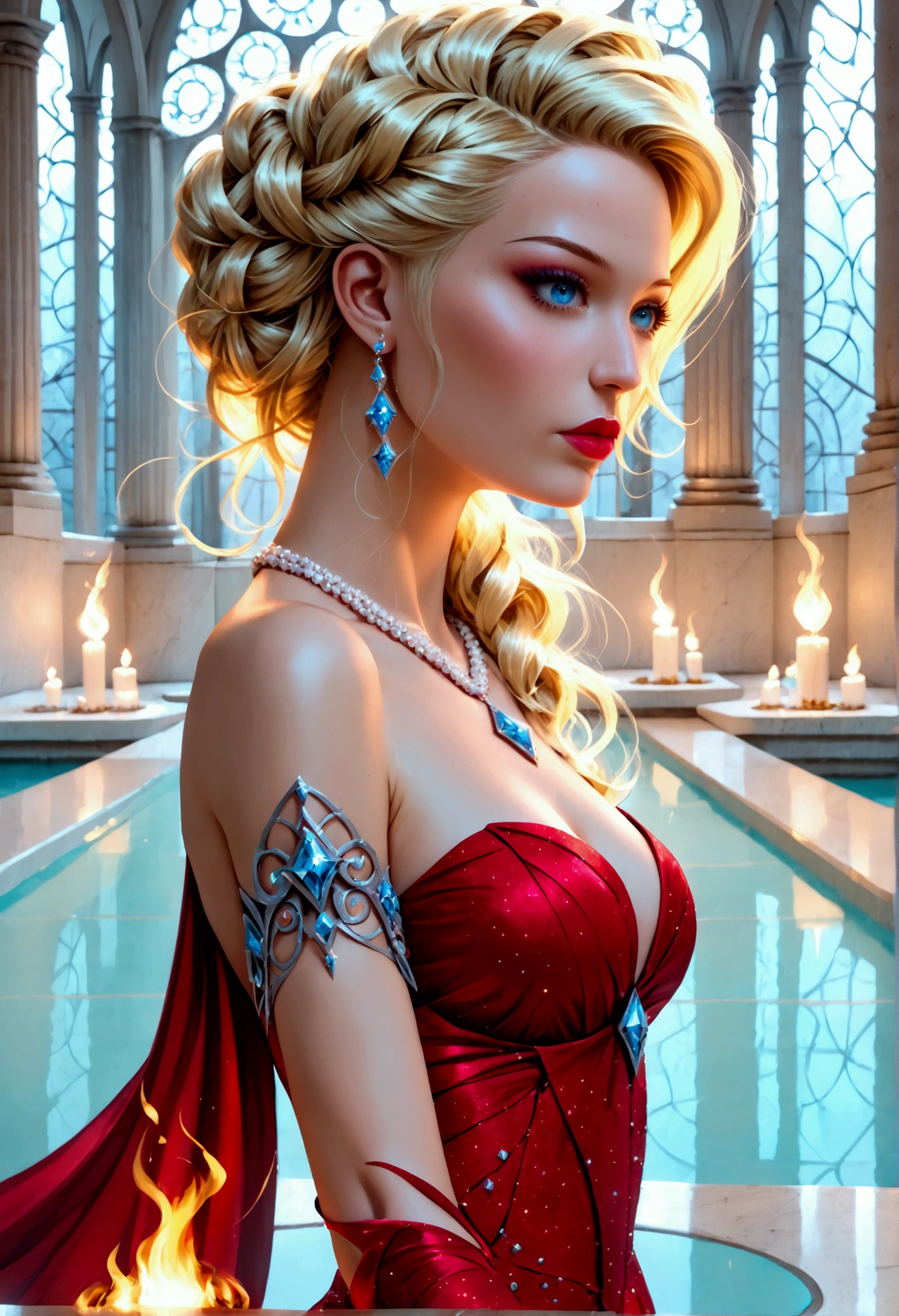 a glamour picture shot, of an elite model covered in fire walking on a icy catwalk, an extraordinary glamourous elite female model, ((full body: 1.5)),  ((anatomically correct: 1.5), (ultra detailed face: 1.2), best detailed face, blond hair, long hair, lush hair, glam hair cut, blue eyes, delicate face, light make up, wearing intricate detailed dress, glamour dress, haute couture dress, elite fashion dress, FireMagicAI,  small cleavage, wearing high heels, elegant high heels, she wears diamond necklace, she is covered in fire, she walks on an icy catwalk, image reflecting in the ice IceMagicAI, elite fashion show background, vibrant, Hyperrealism style, vibrant, Ultra-high resolution, High Contrast, (masterpiece:1.5), highest quality, Best aesthetics), best details, best quality, highres, ultra wide angle, 16k, [ultra detailed], masterpiece, best quality, (extremely detailed) RAW, FireMagicAI, IceMagicAI, Dark Art Painting Style, Dark Fantasy page