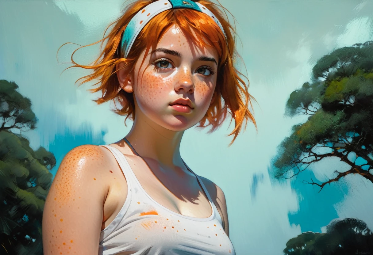 (Low angle shot)young girl Isabelmoner-smf Dora), (((fat))) (a glance at the low camera). (Hyperrealistic), Very short orange hair, Freckles, Cute white Tank top, Mini Shorts, Sports, Sweaty, Medium Breasts, Aesthetics, ((oil painting)), (headband:0.75),(turquoise:0.2),(orange:0.2), (Jeremy Mann:0.5), (John Constable:0.1),(El Greco:0.5),(rough strokes of acrylic paint:0.75), 8K