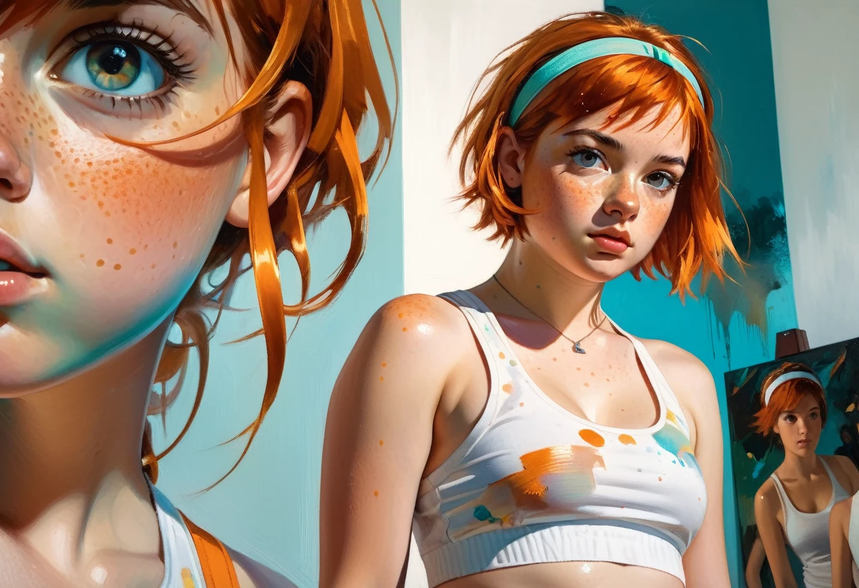 (Low angle shot)young girl Isabelmoner-smf Dora), (((fat))) (a glance at the low camera). (Hyperrealistic), Very short orange hair, Freckles, Cute white Tank top, Mini Shorts, Sports, Sweaty, Medium Breasts, Aesthetics, ((oil painting)), (headband:0.75),(turquoise:0.2),(orange:0.2), (Jeremy Mann:0.5), (John Constable:0.1),(El Greco:0.5),(rough strokes of acrylic paint:0.75), 8K