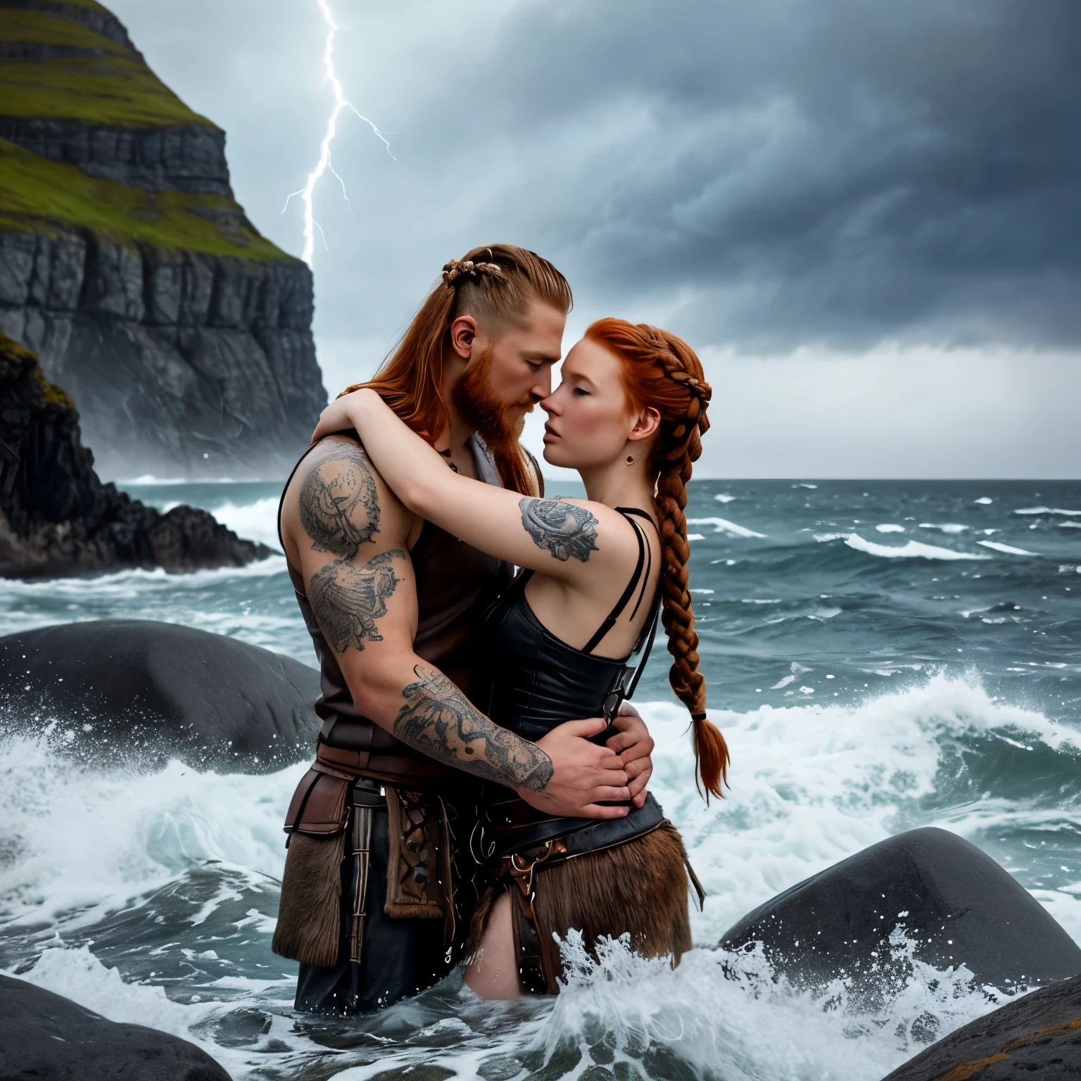 In the wild Norwegian north, in the stormy sea, where icebergs, a storm, a lightning storm, sea spray and waves are approaching the Viking ships, a ship with Viking warriors in clothes with fur trim, in leather armor, with weapons, in the foreground with Ragnar beautiful tattoos in the northern style, a beautiful face, an athletic figure, points with a sword in the direction of the rocks that are hidden in the haze. Nearby, the beautiful redhead with blue eyes and beautiful braids, styled in a breathtaking hairstyle, looks at him with loving eyes. They are together. And they will win this battle with the sea elements!, [style: 4k]   -style9